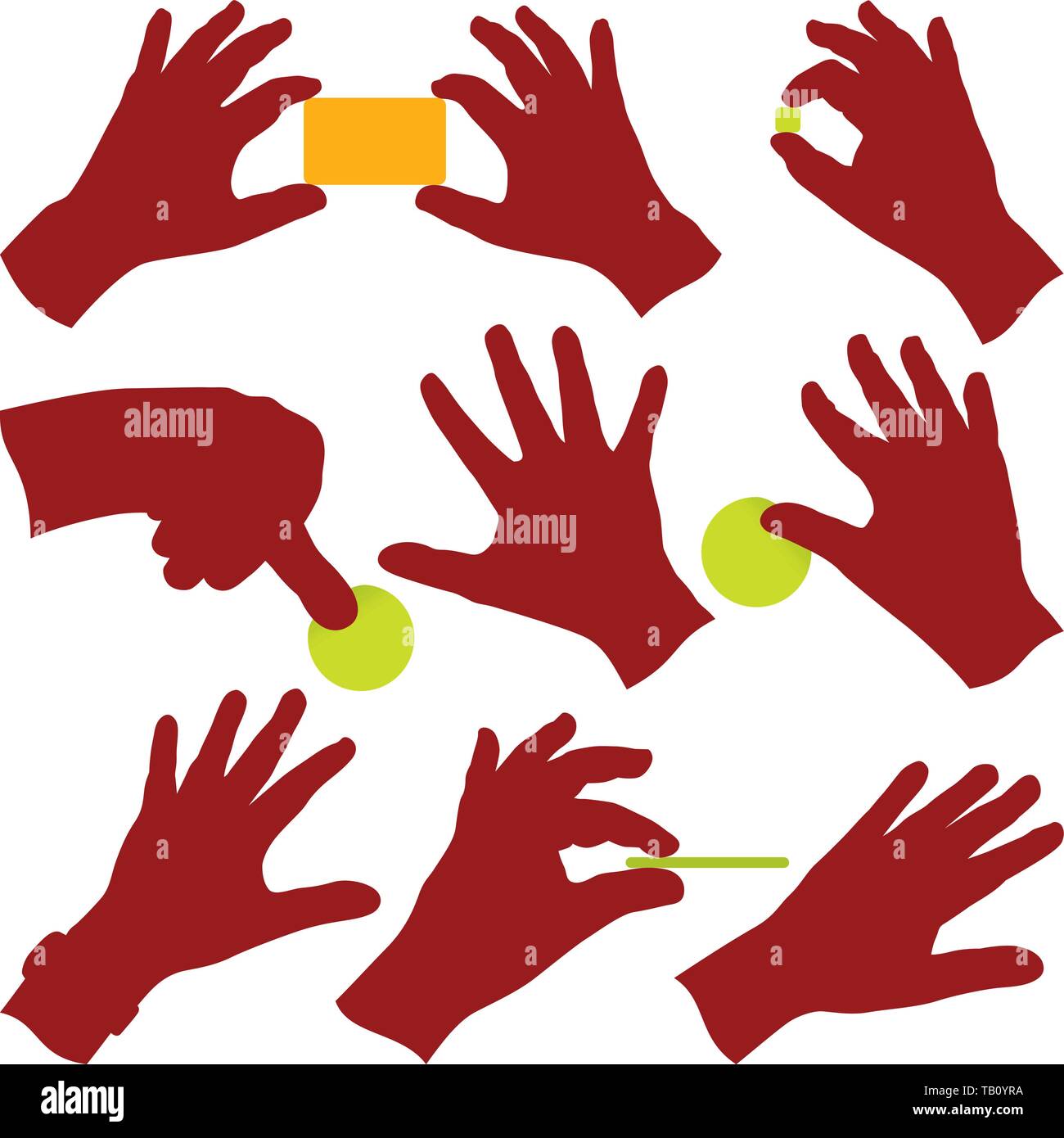 Vector illustration. Neuf silhouette de mains au travail dans différentes positions. Illustration de Vecteur