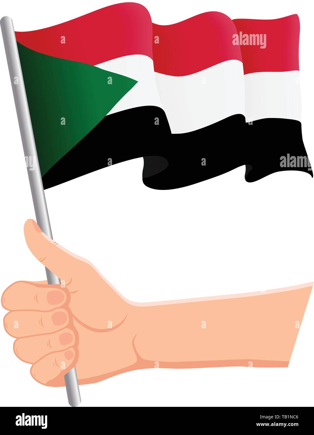 Main tenant et en agitant le drapeau national du Soudan. Fans, le jour de l'indépendance, concept patriotique. Vector illustration Illustration de Vecteur
