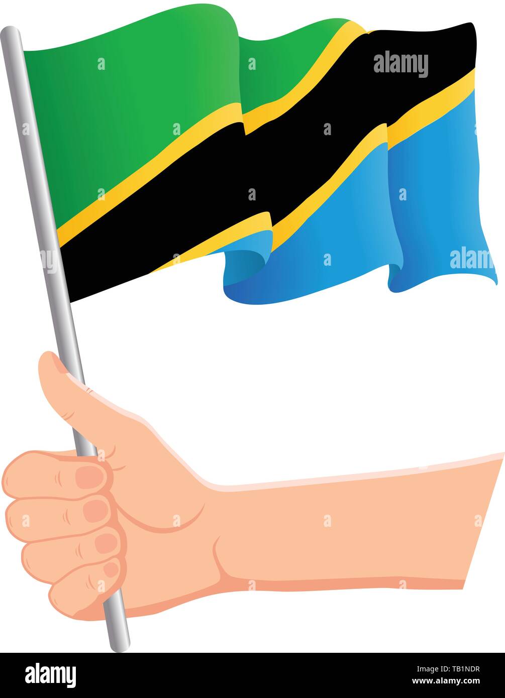 Main tenant et en agitant le drapeau national de la Tanzanie. Fans, le jour de l'indépendance, concept patriotique. Vector illustration Illustration de Vecteur