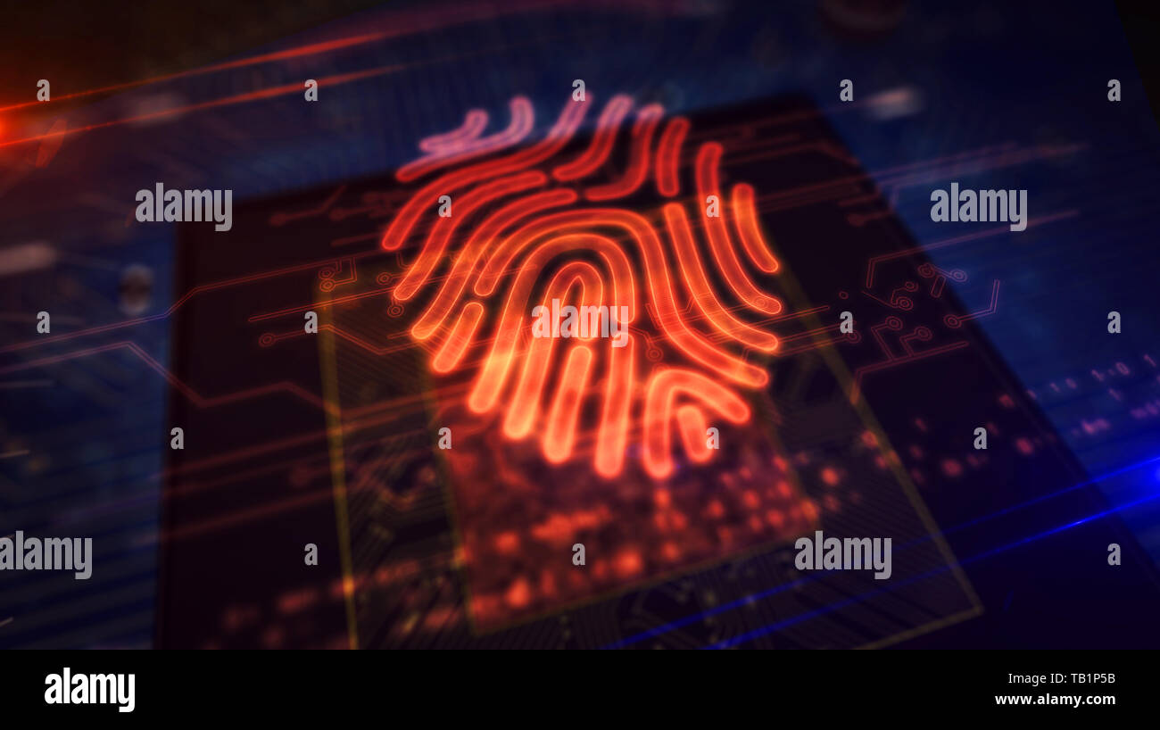 Concept de sécurité cybernétique avec hologramme d'empreintes digitales sur cpu travail en arrière-plan. Concept de la technologie d'authentification personnelle, d'identité et biométriques Banque D'Images