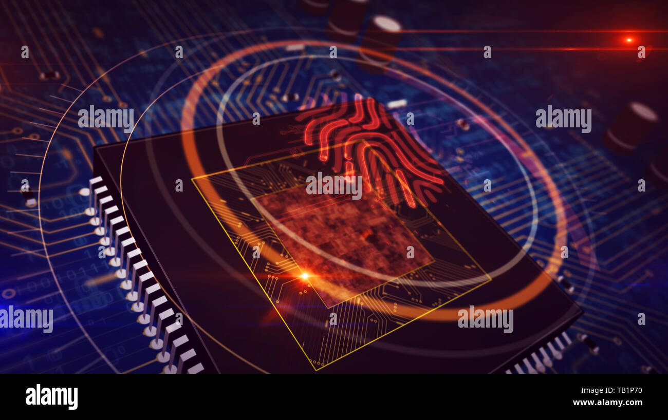 Concept de sécurité cybernétique avec hologramme d'empreintes digitales sur cpu travail en arrière-plan. Concept de la technologie d'authentification personnelle, d'identité et biométriques Banque D'Images