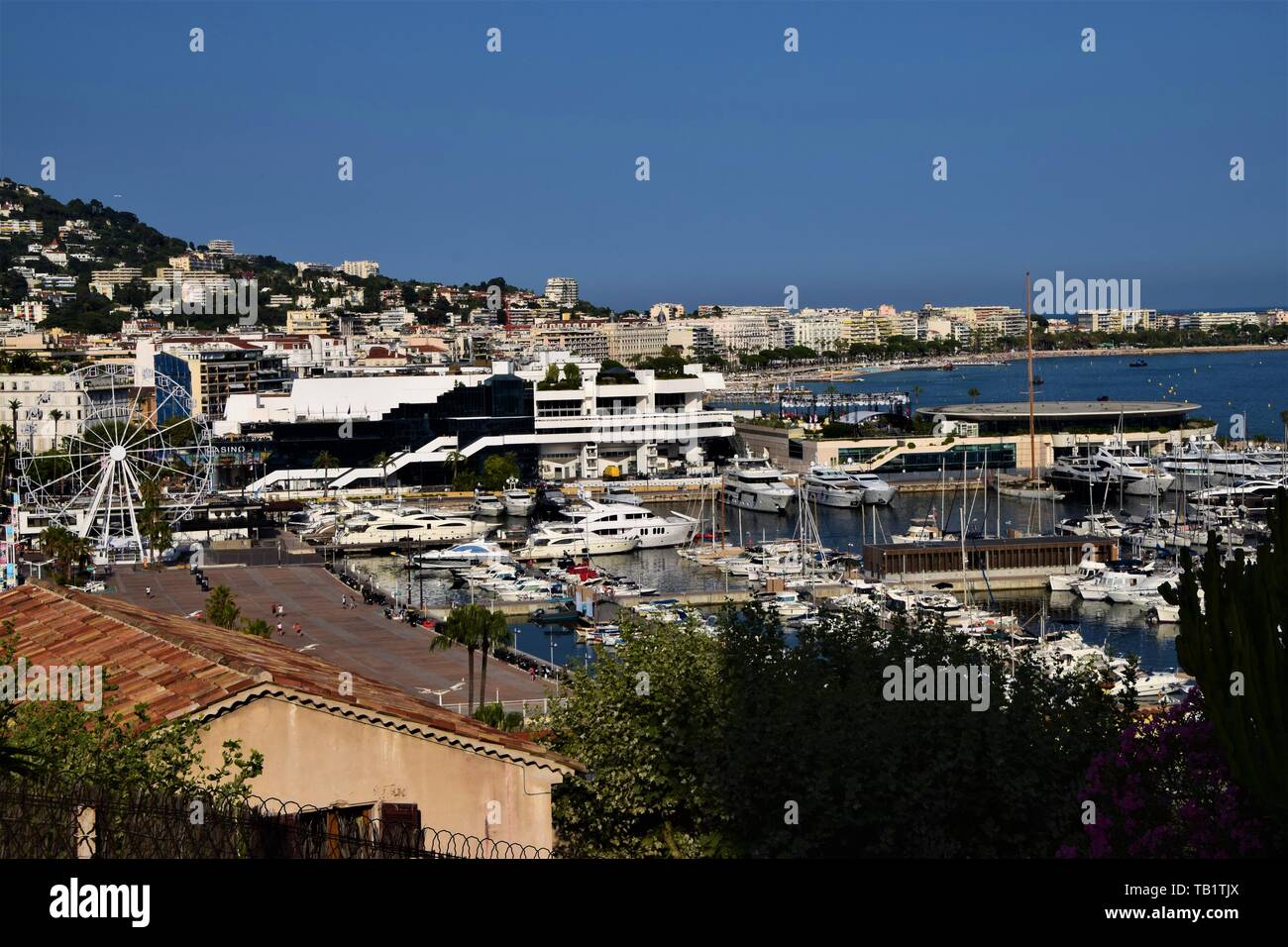 Vue panoramique sur le Vieux Port de Cannes, le Palais des Festivals, la Croisette et la côte, au sud de la France Banque D'Images