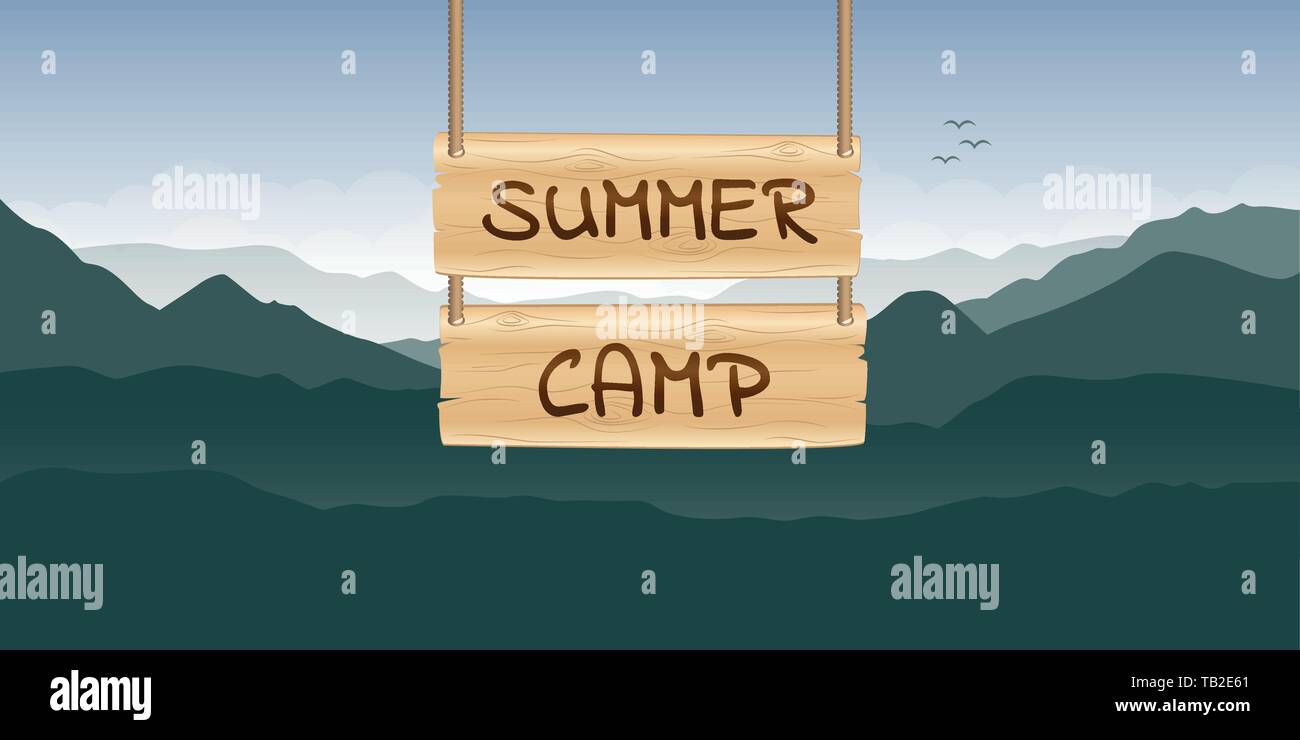 Summer Camp panneau en bois à green mountain nature paysage vector illustration EPS10 Illustration de Vecteur