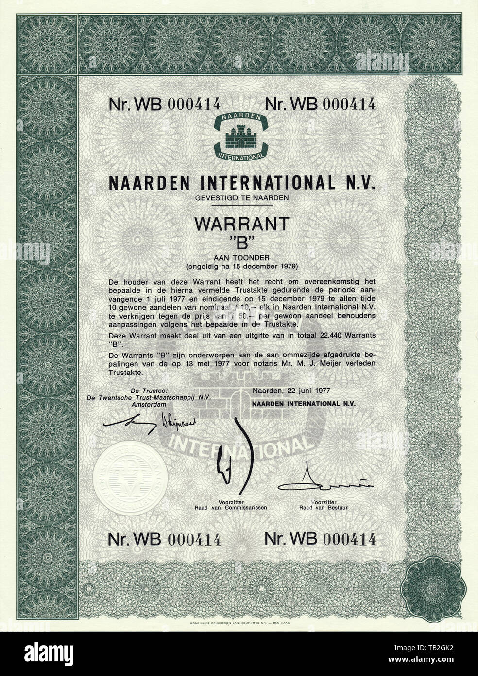 Historisches Wertpapier dans niederländischen Gulden, Glycerin-Destillation, hfl, Düfte und Aromen, Naarden International N.V., 1977, Amsterdam, Pays-Bas, Europa Banque D'Images
