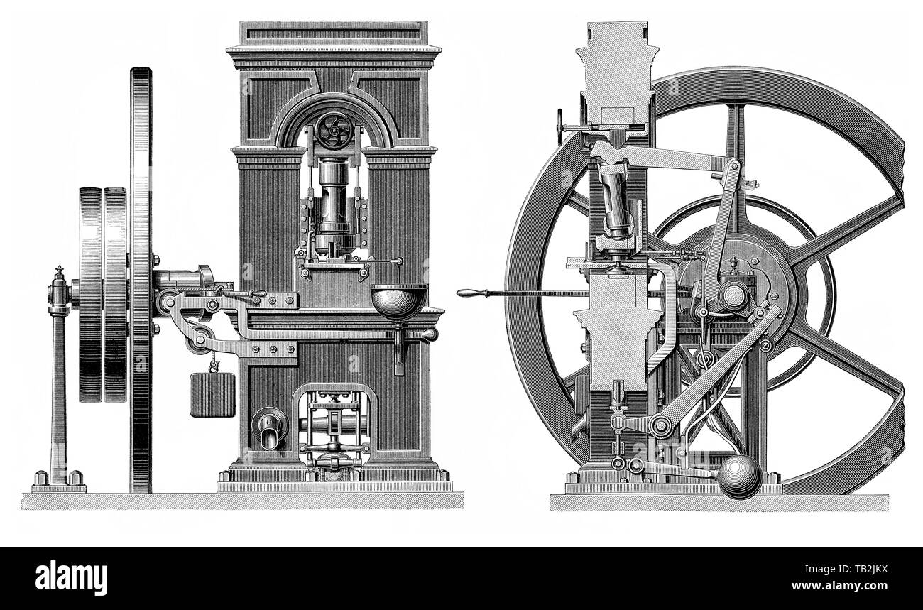 Les dessins techniques d'une machine, la frappe des presses par Thonnellier, l'avant et une vue latérale, 19e siècle, Historische, zeichnerische Darstellung, Technische Mischtechnik von Münzpräge-Maschine Prägewerk ener, von Thonnellier, Vorder- und Seiteansicht, 19. Jahrhundert, aus Meyers Konversations-Lexikon von 1890 Banque D'Images Les dessins techniques d'une machine, la frappe des presses par Thonnellier, l'avant et une vue latérale, 19e siècle, Historische, zeichnerische Darstellung, Technische Mischtechnik von Münzpräge-Maschine Prägewerk ener, von Thonnellier, Vorder- und Seiteansicht, 19. Jahrhundert, aus Meyers Konversations-Lexikon von 1890 Banque D'Images