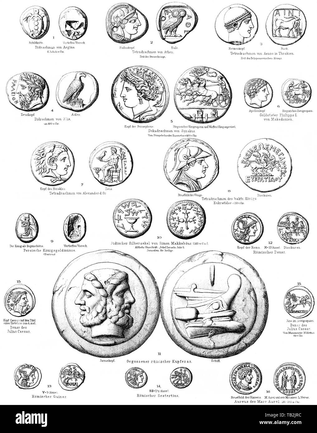 Pièces anciennes de la Grèce, l'Italie etc, l'argent de l'antiquité, Historische, zeichnerische Darstellung, antike Münzen ( moneta) aus Spanien, Italien, etc., Zahlungsmittel aus dem Altertum, Numismatik, 19. Jahrhundert, aus Meyers Konversations-Lexikon von 1890 Banque D'Images