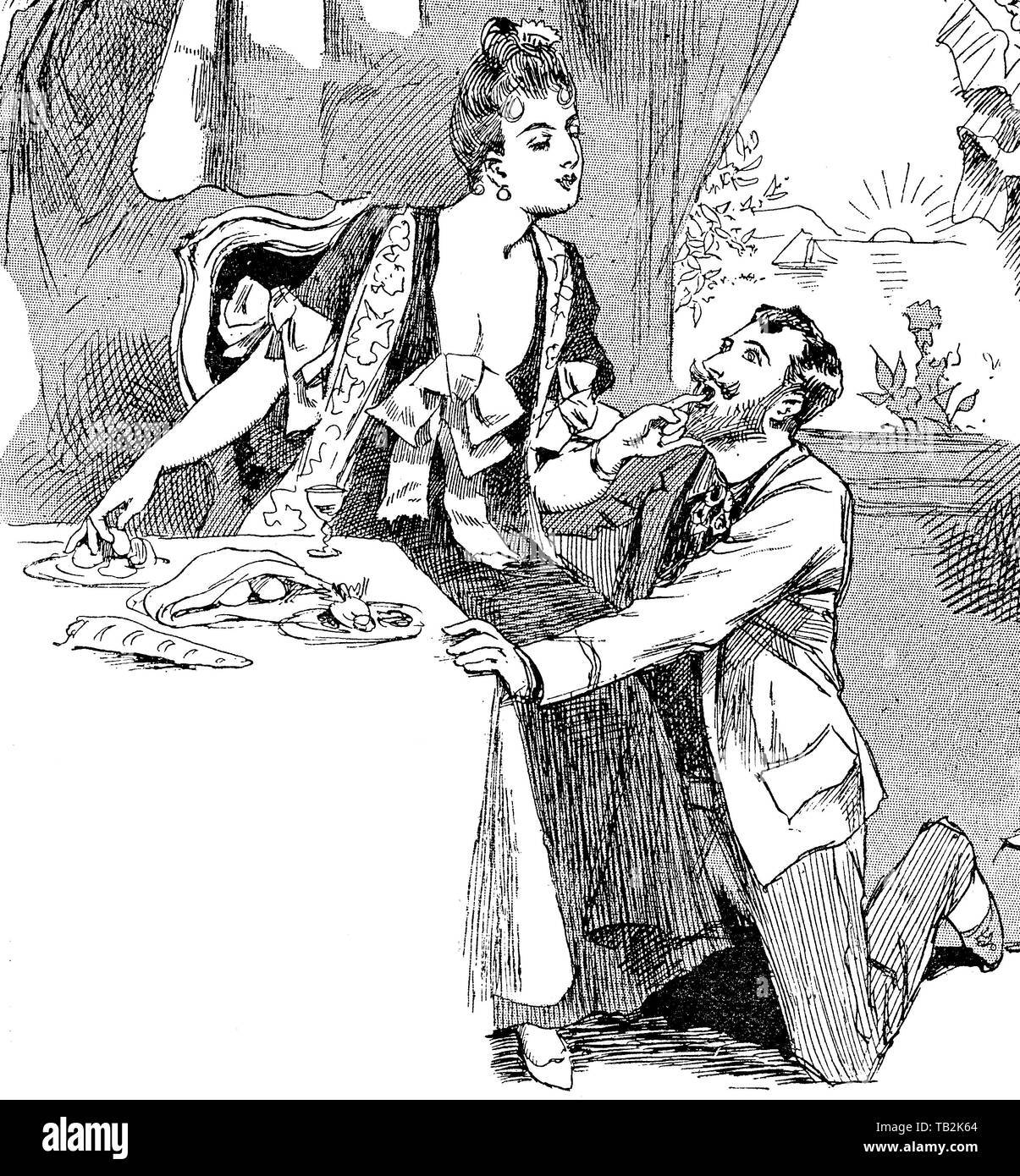 Caricature d'époque : l'homme s'agenouille avec un romantinc proposition ; la dame est peut-être plus d'intérêt dans les aliments Banque D'Images
