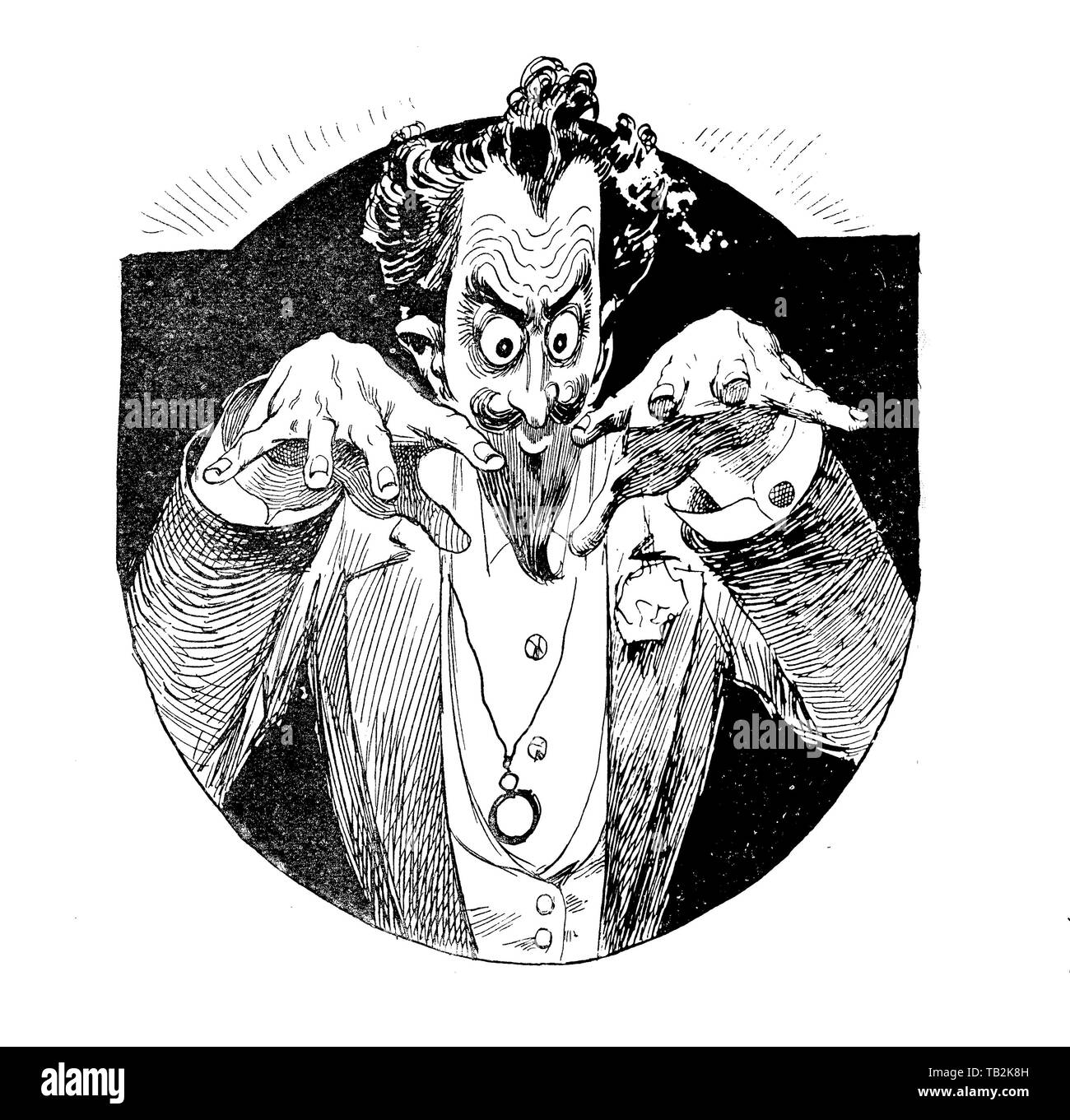 Vintage caricature d'une scène hypnotiseur, animation pour un public Banque D'Images