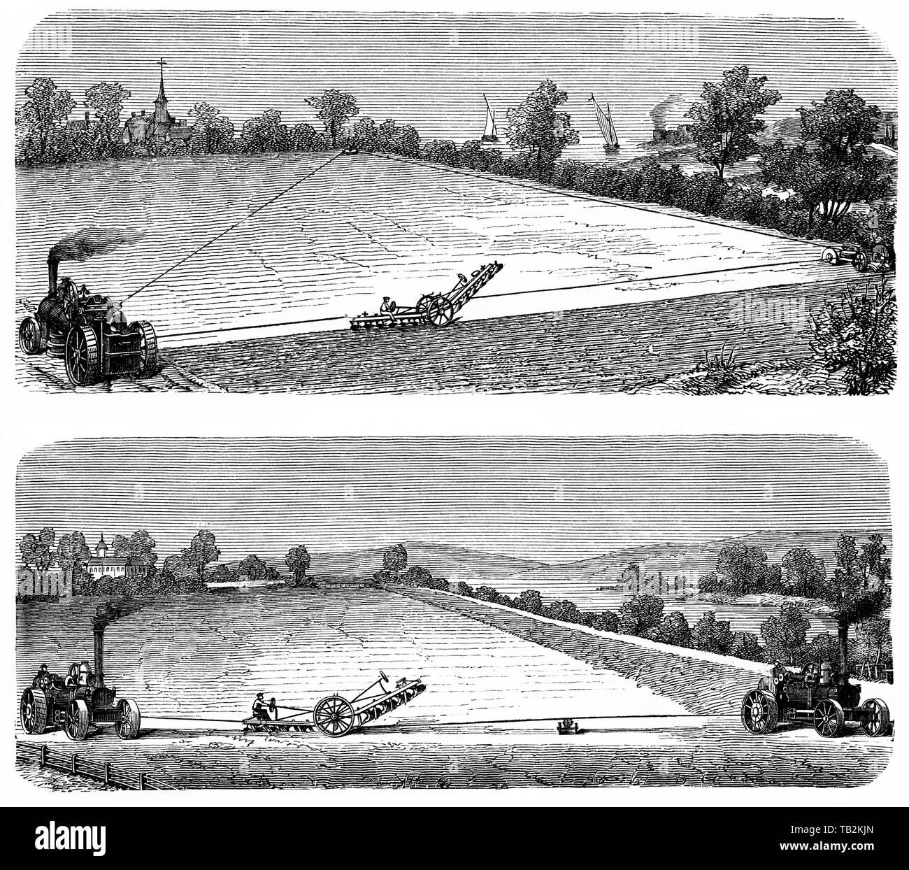 L'une et deux systèmes de charrue à vapeur de la machine au travail, un tracteur agricole ou d'une locomotive propulsée par un moteur à vapeur, 19e siècle, Historische, zeichnerische Einmaschinensystem Zweimaschinensystem, Darstellung und beim Dampfpfug, landwirtschaftliche Lokomotive oder Traktor von einer Dampfmaschine angetrieben, 19. Jahrhundert, aus Meyers Konversations-Lexikon von 1890 Banque D'Images