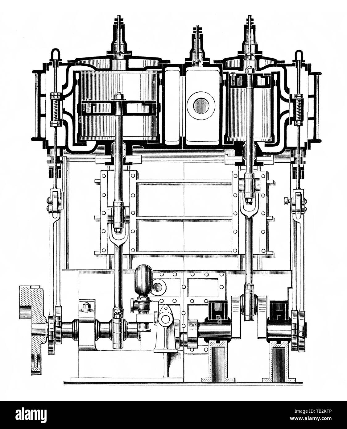 Composé du récepteur pour le moteur de propulsion hélices des bateaux, moteur à vapeur, moteur thermique à piston, l'énergie thermique ou de la pression contenue dans la vapeur est transformée en travail mécanique, 19e siècle, Historische, zeichnerische Darstellung, technische Mischtechnik, Receiver-Compoundmaschine für den Antrieb von Kolben-Wärmekraftmaschine Dampfmaschine Schiffsschrauben,,, mourir en Dampf enthaltene Wärmeenergie oder Druckenergie umwandelt wird in mechanische Arbeit, 19. Jahrhundert, aus Meyers Konversations-Lexikon von 1890 Banque D'Images