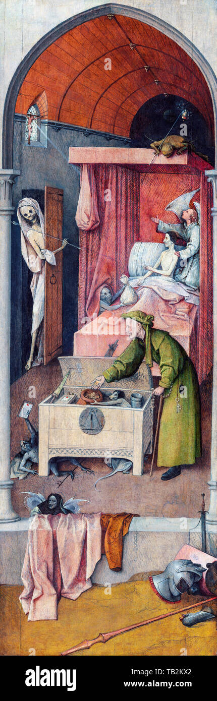 Jérôme Bosch, la mort et l'Avare, peinture, vers 1485 Banque D'Images