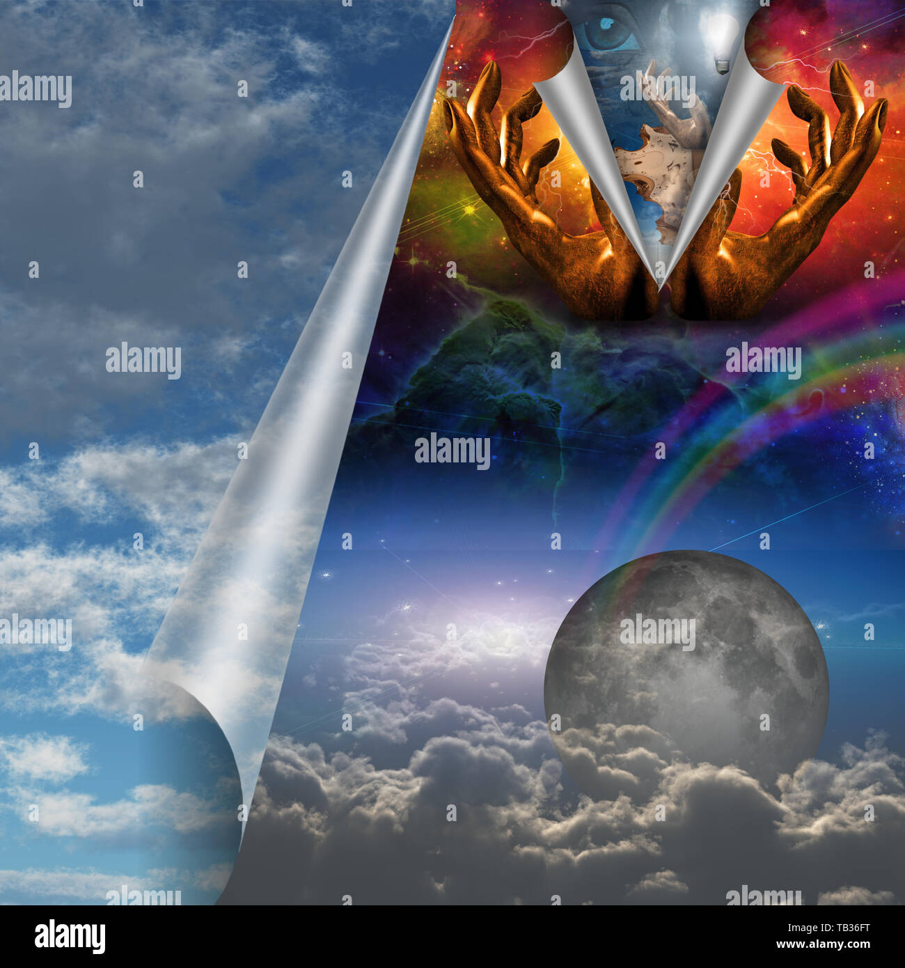 Le Surrealisme Moment De La Creation Mains De Dieu Dans Le Ciel Photo Stock Alamy