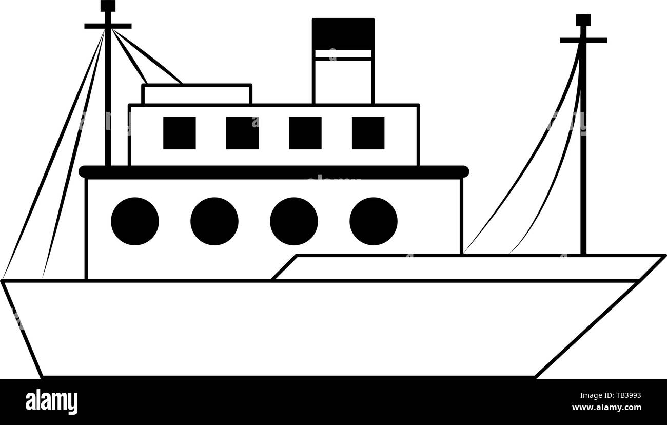 Bateau navire poisson isolé weda cartoon en noir et blanc Illustration de Vecteur