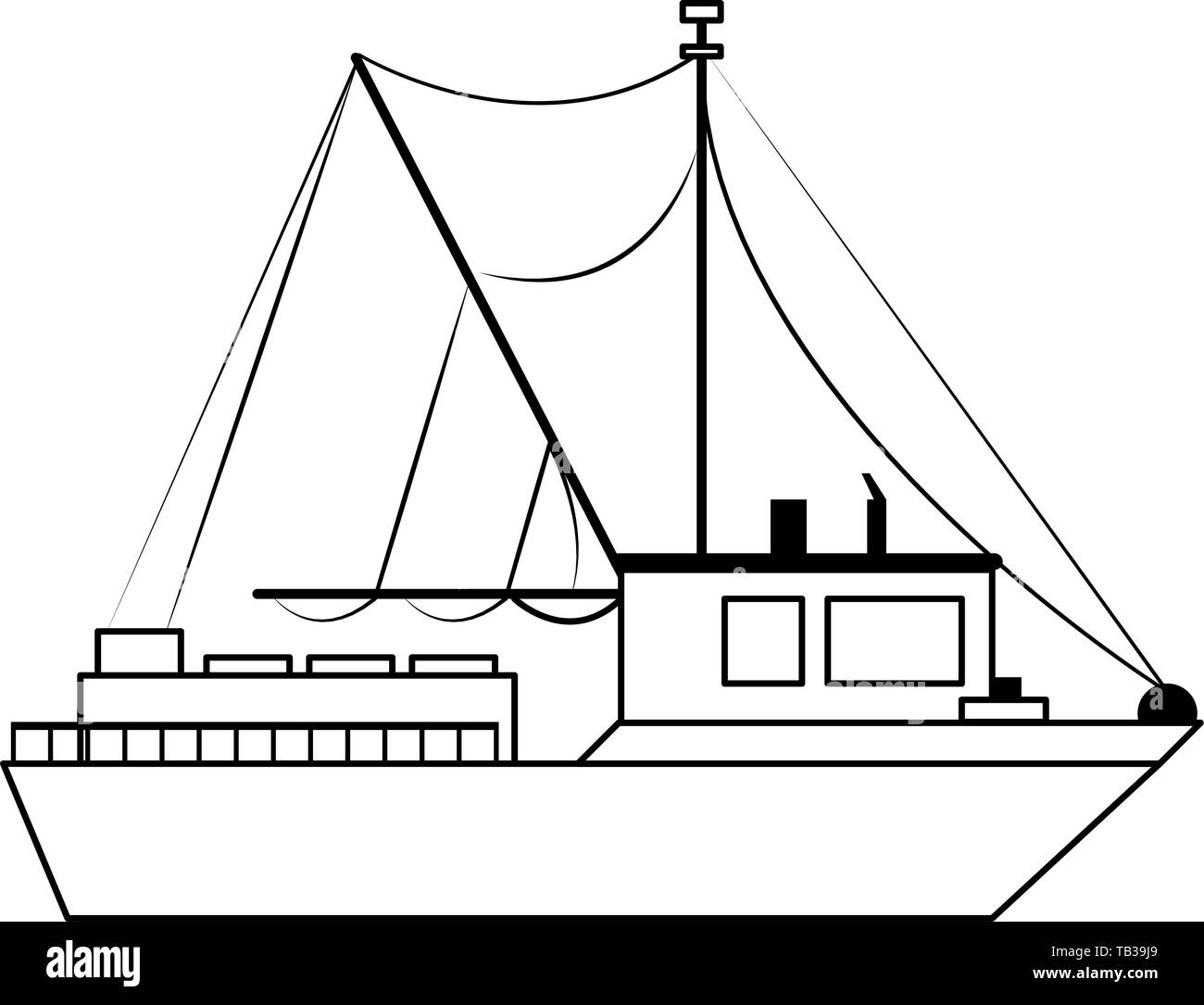 Bateau navire poisson isolé weda cartoon en noir et blanc Illustration de Vecteur