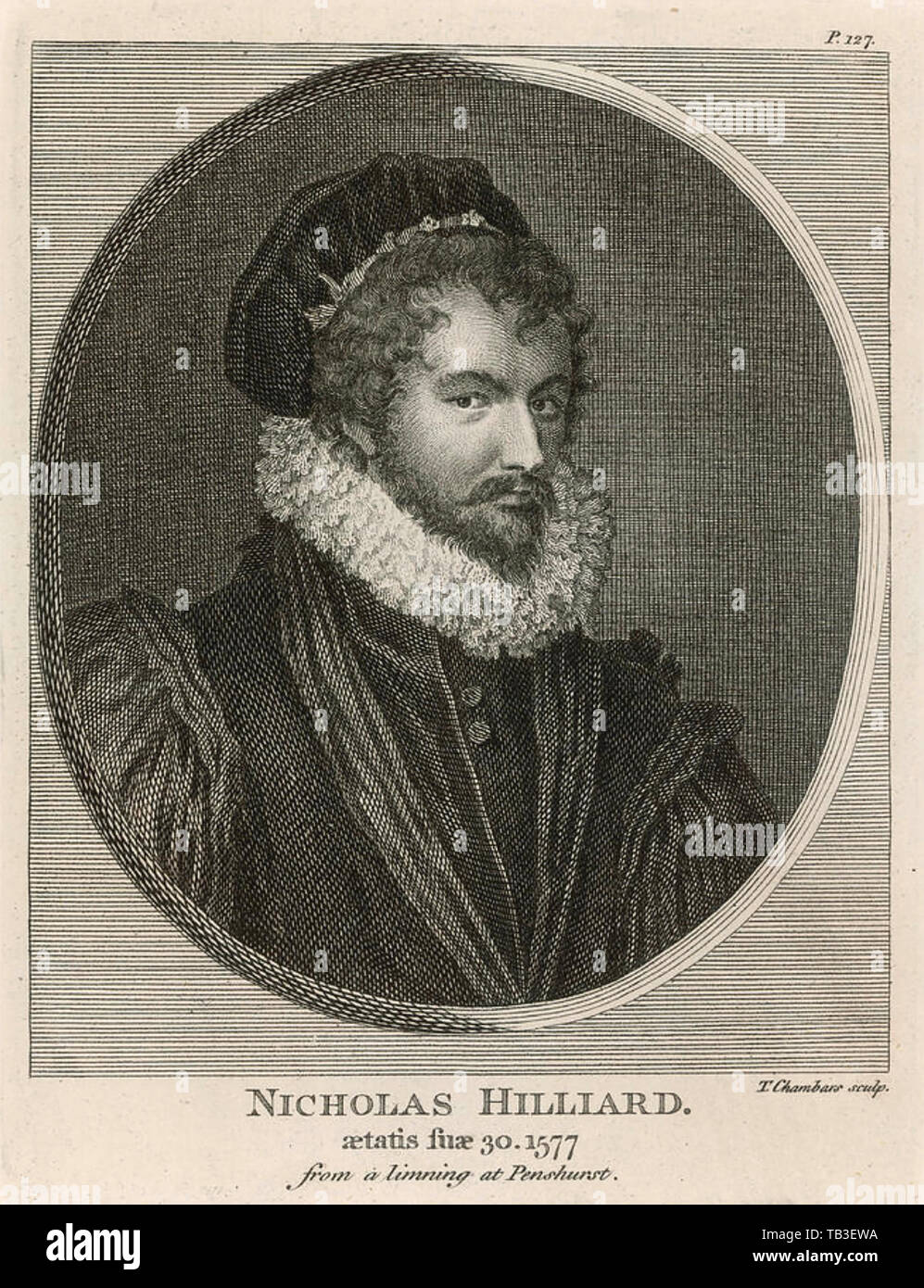 NICHOLAS HILLIARD (c 1547-1619) English goldsmith et portrait de l'artiste miniature. Gravure sur la base d'un self portrait de 1577. Banque D'Images