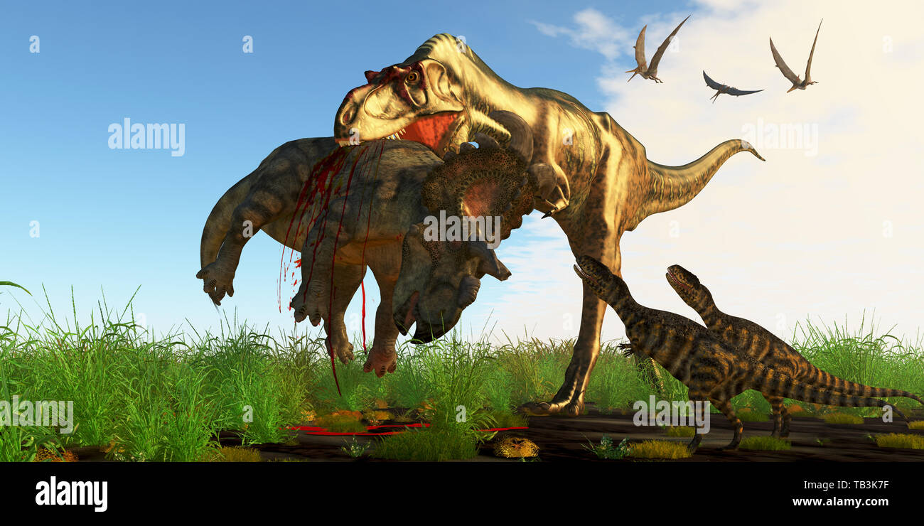 Dinosaure Albertosaurus Albertosaurus mère - mère dinosaure apporte sa progéniture une Albertaceratops pour le dîner pendant la période du Crétacé. Banque D'Images