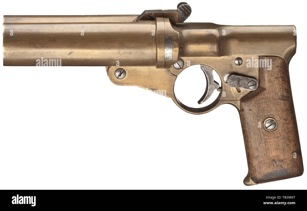 Une double pistolet signal Mod. A.W.W. de la marine impériale, Cal. 4, no. 1027. Les numéros correspondants. Drop de barils avec des alésages et snapper, longueur 112 mm serrures. Longueur totale 215 mm. Poids 1250 g. Marteau interne. La sécurité. Borne de signal. Sans sélecteur de canon. Artilleriewerkstätten construction attribuée à Wilhelmshaven (A.W.W.). Pommeau sur marqué 'W.K.1915 No.1027', à côté de l'acceptation de la marine de l'état marque/M, donc par l'inventaire 1915 chantier naval de Kiel. Pas d'autres timbres ou inscriptions. Bâti de crosse en laiton et de barils. Déclencheur lisse ainsi que Additional-Rights Clearance-Info-Ouverture,-Not-Available Banque D'Images