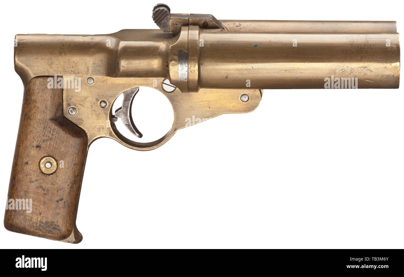 Une double pistolet signal Mod. A.W.W. de la marine impériale, Cal. 4, no. 1027. Les numéros correspondants. Drop de barils avec des alésages et snapper, longueur 112 mm serrures. Longueur totale 215 mm. Poids 1250 g. Marteau interne. La sécurité. Borne de signal. Sans sélecteur de canon. Artilleriewerkstätten construction attribuée à Wilhelmshaven (A.W.W.). Pommeau sur marqué 'W.K.1915 No.1027', à côté de l'acceptation de la marine de l'état marque/M, donc par l'inventaire 1915 chantier naval de Kiel. Pas d'autres timbres ou inscriptions. Bâti de crosse en laiton et de barils. Déclencheur lisse ainsi que Additional-Rights Clearance-Info-Ouverture,-Not-Available Banque D'Images