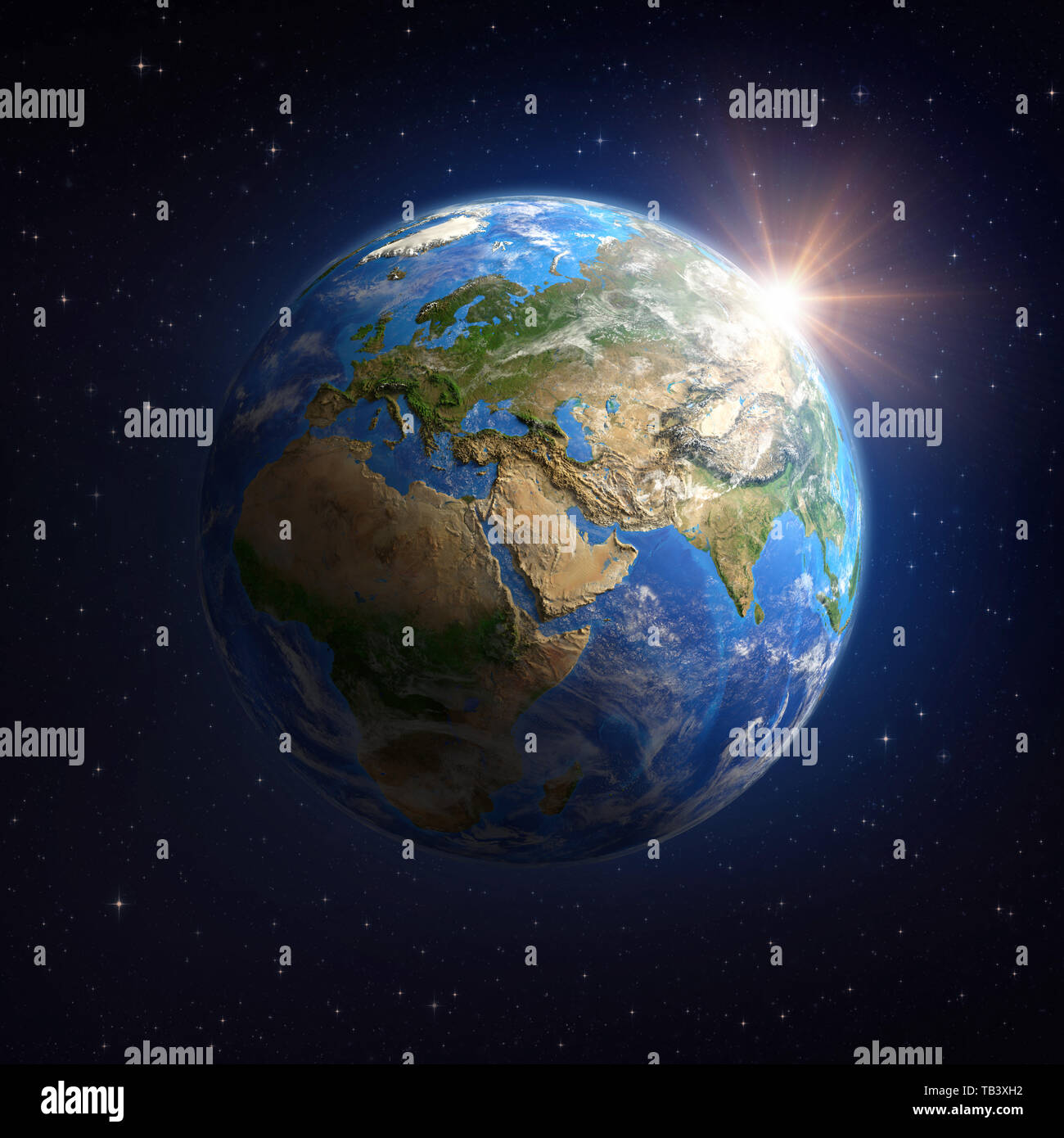 La planète Terre vue d'un satellite, l'accent sur l'Europe, d'Asie et d'Afrique, soleil qui brille à l'horizon. Illustration 3D - Éléments de cette image fournir Banque D'Images