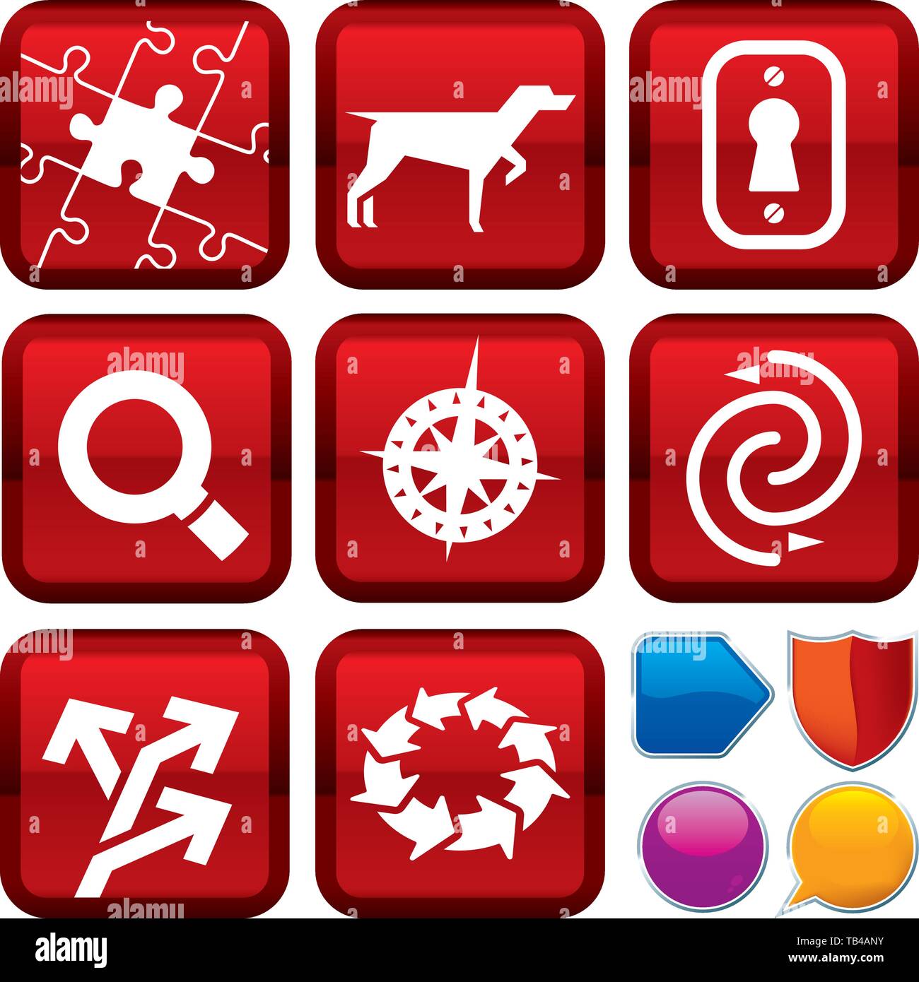 Vector illustration. Jeu de recherche et trouver des icônes sur les boutons carrés. Style géométrique. Illustration de Vecteur