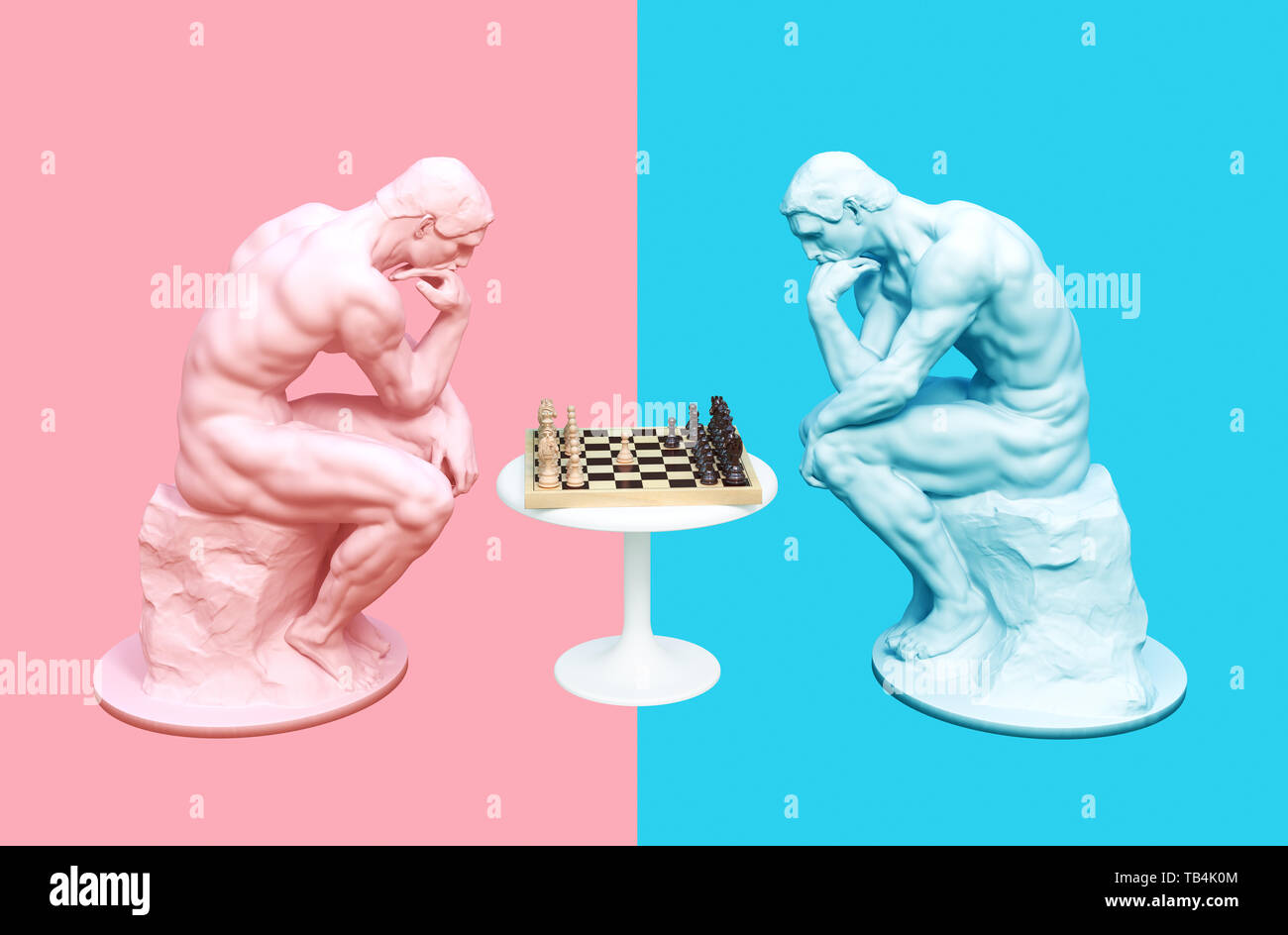 Deux penseurs réfléchir le jeu d'échecs sur fond rose et bleu. 3D Illustration. Banque D'Images