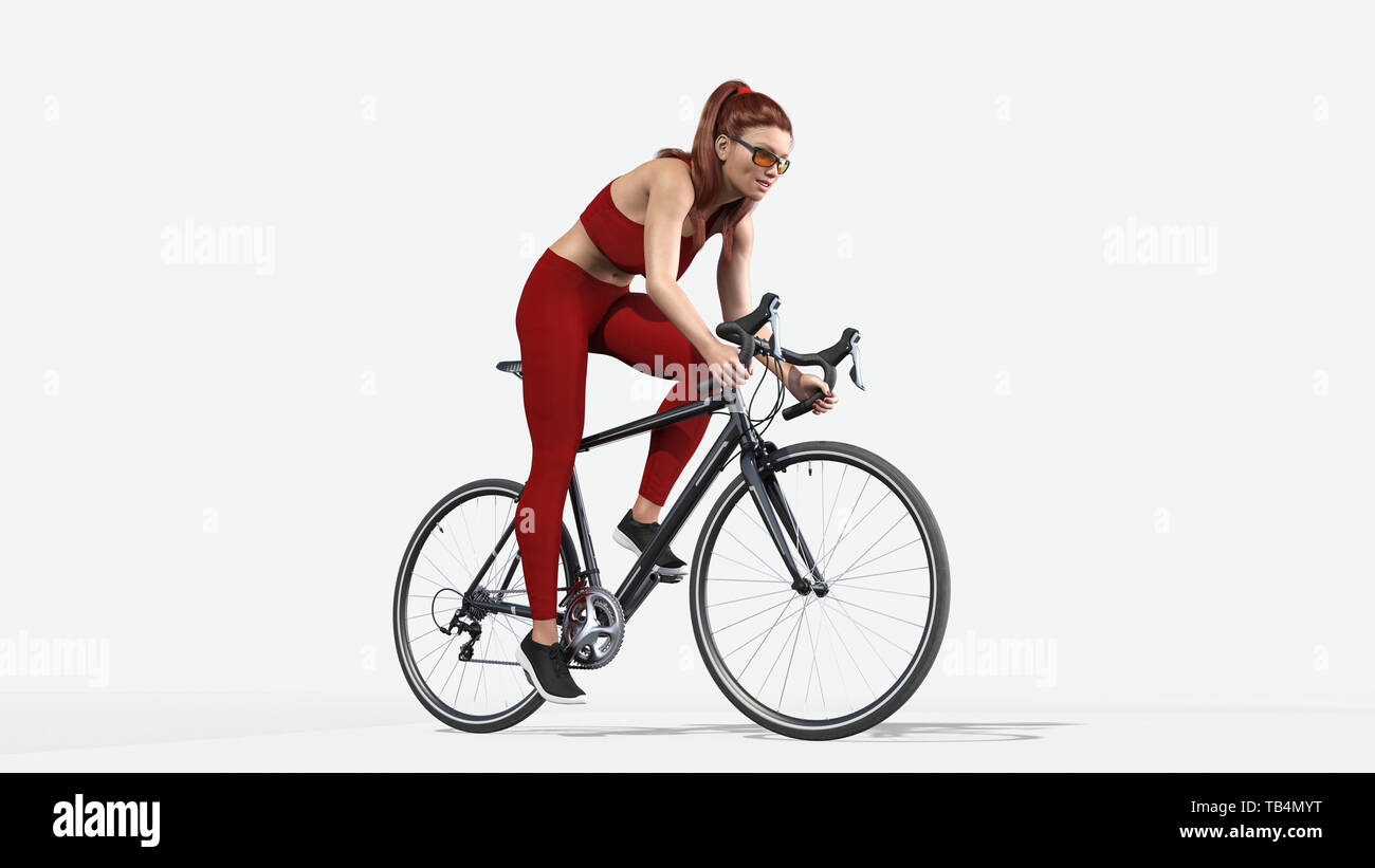 Fille avec de longs cheveux sur location, femme athlétique en tenue de  sport de faire du vélo sur fond blanc, 3D Rendering Photo Stock - Alamy