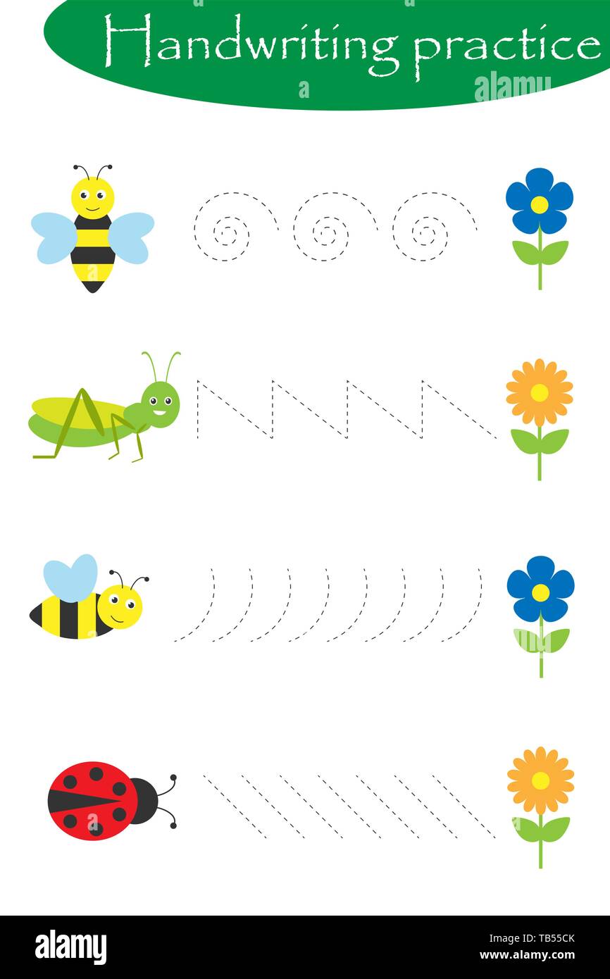 Les insectes dans le style d'écriture, artoon, fiche pratique de l'activité d'enseignement préscolaire pour les enfants, jeu d'enfants, version feuille de travail, formation, vecteur d'écriture Illustration de Vecteur
