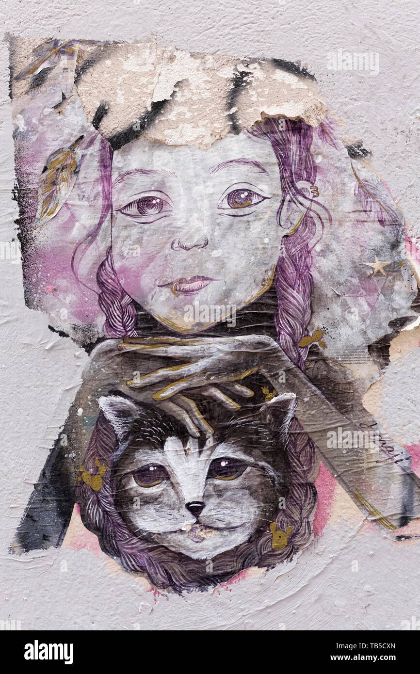 Collez-up, Girl with cat, art de rue, Valencia, Carme district, vieille ville, Valencia, Espagne Banque D'Images