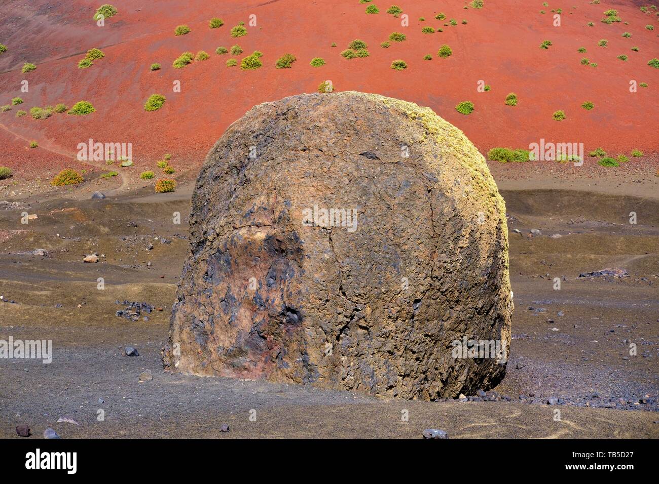 Bombe de lave en face de Caldera Colorada, Los Volcanes nature park Park, près de Tinajo, Lanzarote, îles Canaries, Espagne Banque D'Images