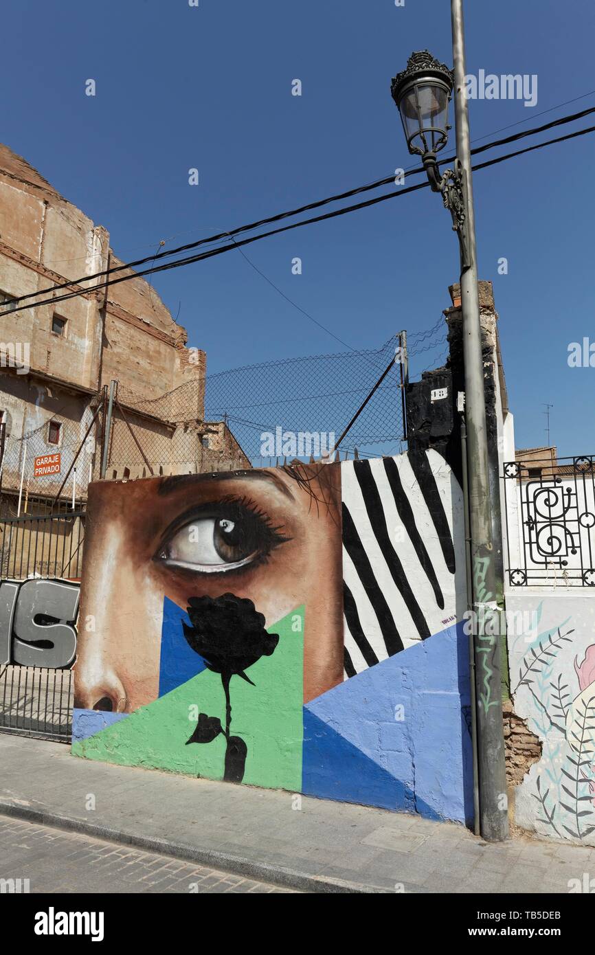 Big Eye d'une femme et une rose noire, résumé graffito, art de rue dans le quartier de Carme, vieille ville, Valencia, Espagne Banque D'Images