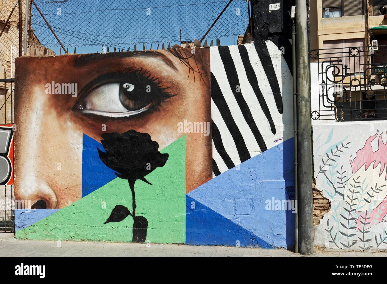 Big Eye d'une femme et une rose noire, résumé graffito, art de rue dans le quartier de Carme, vieille ville, Valencia, Espagne Banque D'Images