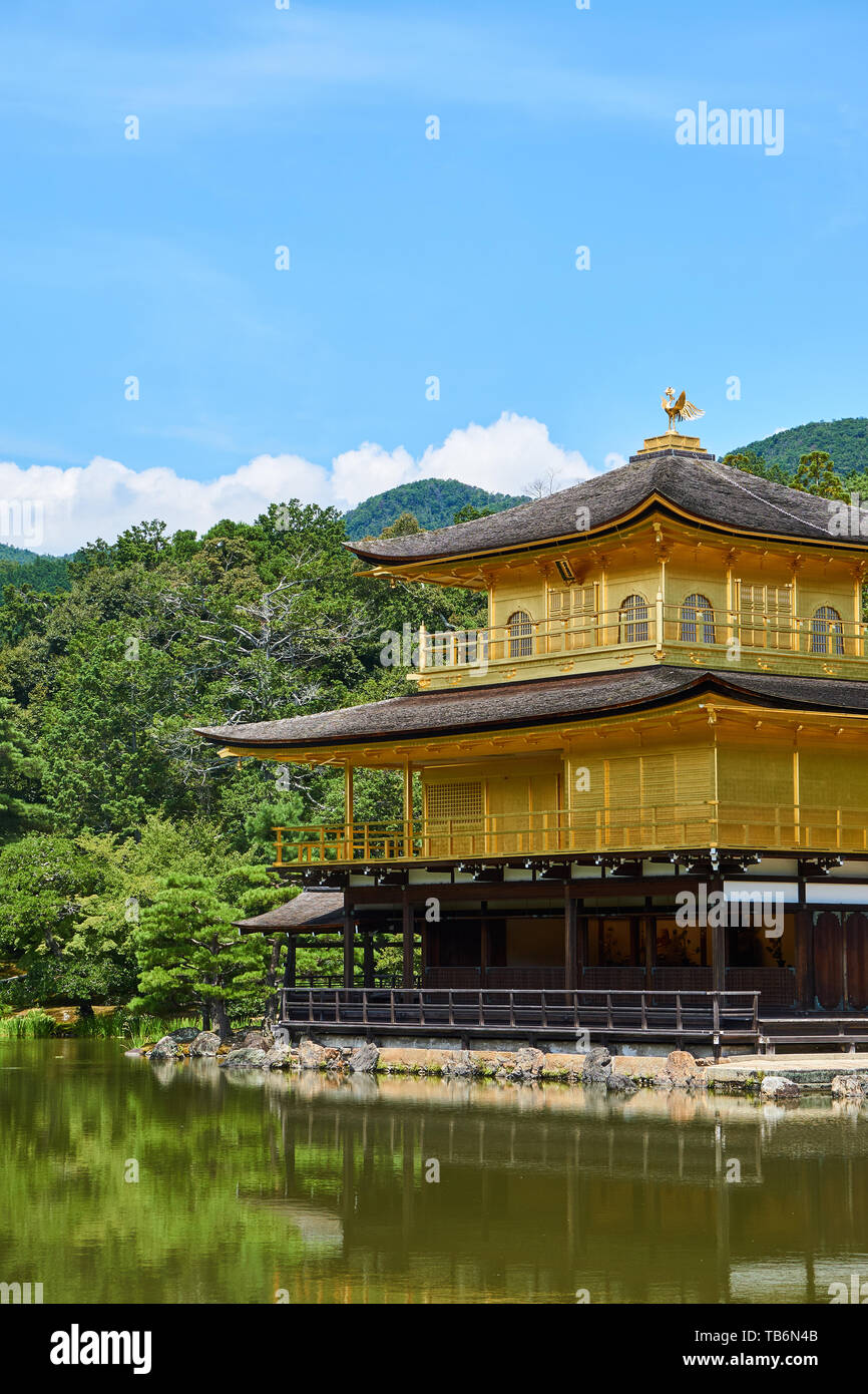 Kinkakuji (Pavillon d'Or) entourée d'arbres et aménagement paysager japonais, sur une claire, ensoleillée, journée d'été à Kyoto, au Japon. Banque D'Images