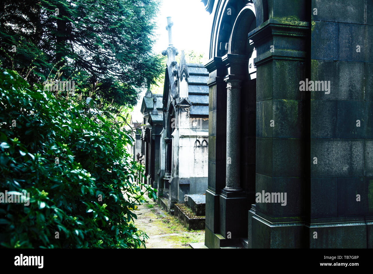 Les pierres tombales du cimetière en style gothique au crépuscule, traverse Paris Banque D'Images