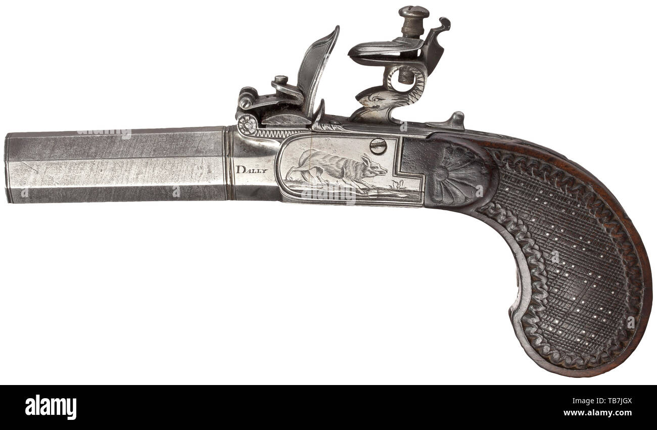 Une paire de pistolets à silex, terzerols Nicolas Dally de Paris, vers  1780, Unscrewable, octogonale Damas twist barils avec des alésages dans 15  mm de calibre. Les trames finement gravées représentant des