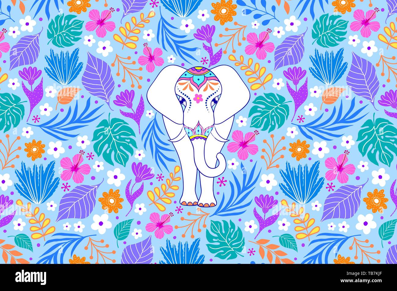 L'éléphant blanc et fleurs tropicales Illustration de Vecteur