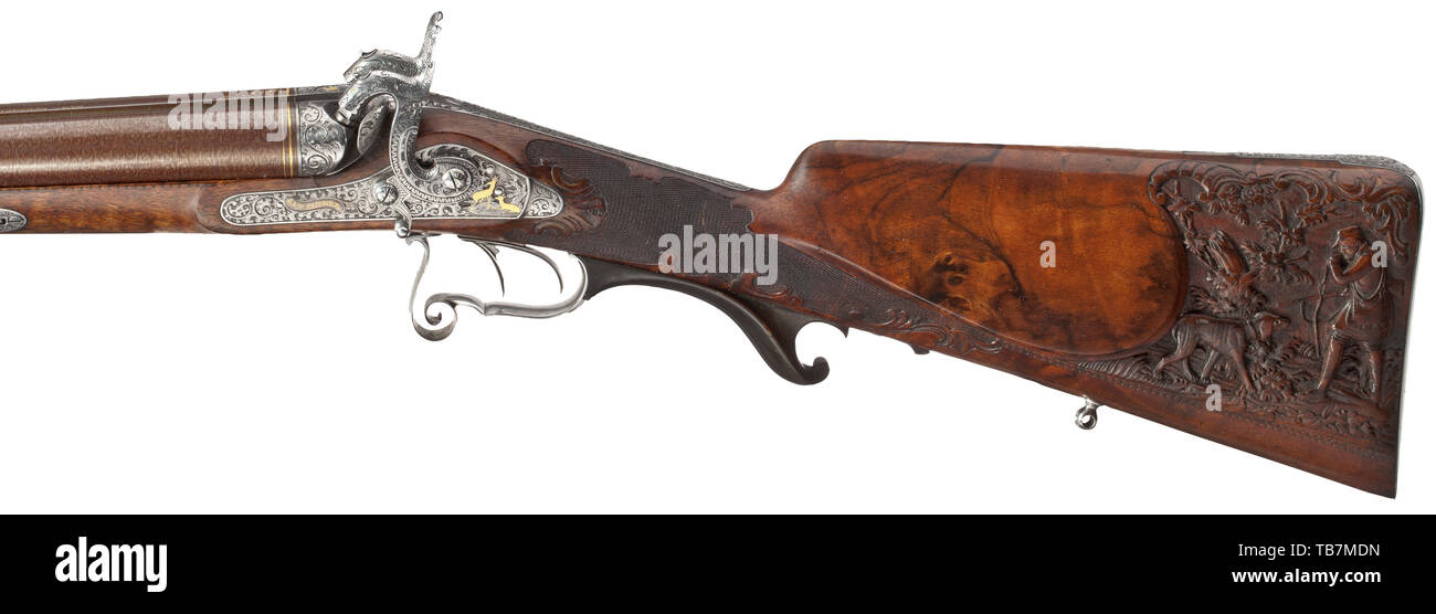 Une chambre de luxe double fusil à percussion, G. et F. Spicker, vers 1850, le canons Damas en 17.5 mm calibre, les alésages légèrement rugueux. Le bloc des brevets et tang gravé avec vrilles décoratives et des incrustations en or les animaux. Le canon rib estampillé 'DAM:BERNARD.'''une percussion décorés de scènes de chasse ciselés avec verrous de jeu et du 19e siècle, Additional-Rights Clearance-Info-Not-Available- Banque D'Images