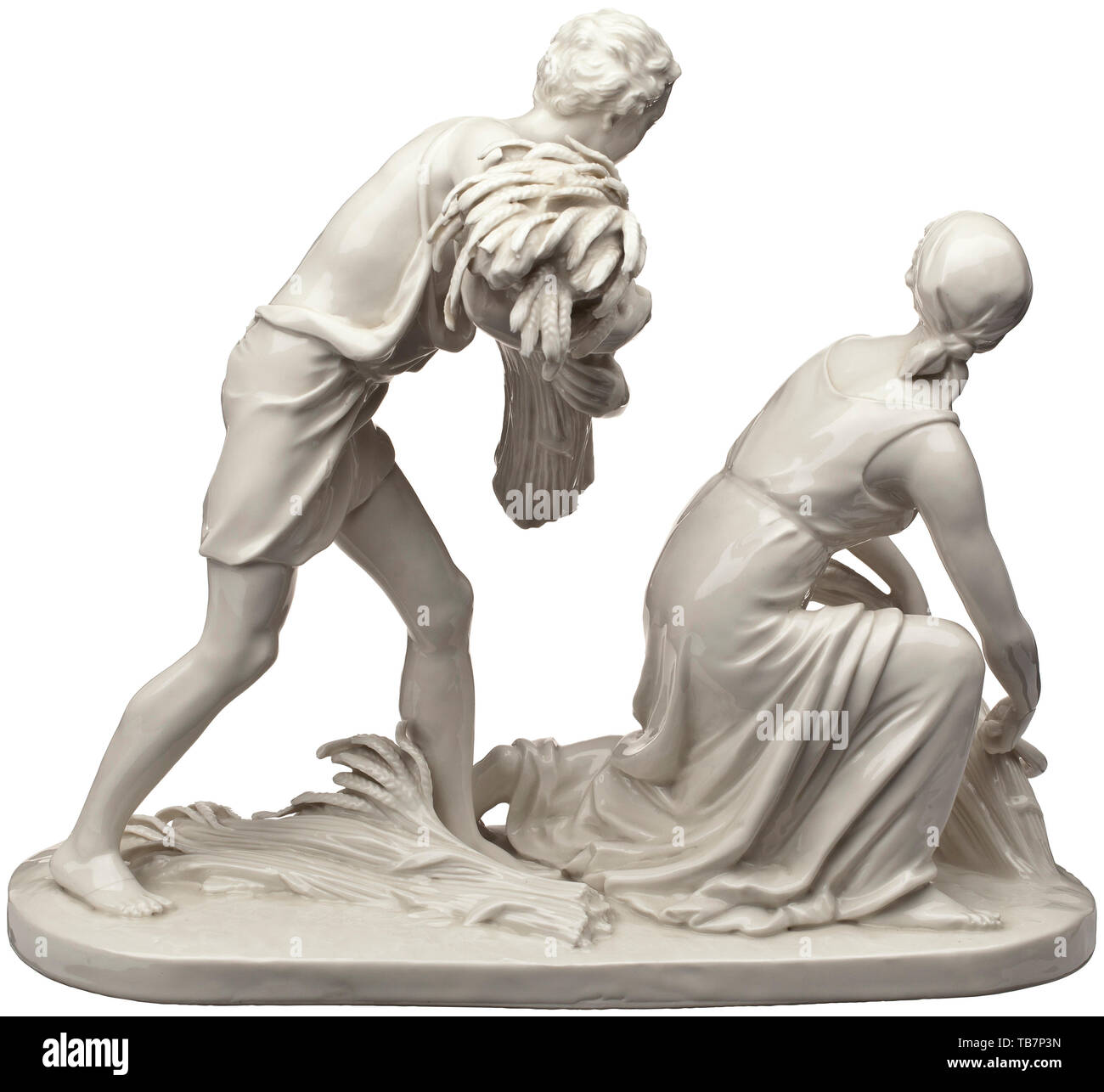Roland von Bohr (1899 - 1962) - la pièce maîtresse de la 'Summer' du ministère des Affaires étrangères du Reich, Groupe de figures en porcelaine émaillée blanche, par la manufacture de Nymphenburg. Style ancienne représentation d'un jeune et une fille à la moisson. Le numéro de modèle 851 '-1' et un bouclier en forme de losange estampée sur la base, également une marque de manufacture sous glaçure verte. Un pied avec une fissure, légèrement frappé, en particulier l'extrémité de l'ensemble des grains, sinon un groupe de dessins exceptionnel de préservation. Extrêmement rare. Environ 32 cm de hauteur, longueur 38 cm. Les quatre centres de table 'Spring', 'Summer', 'Au, Editorial-Use-seulement Banque D'Images