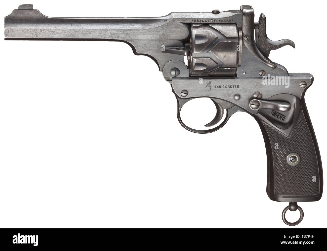 Un Webley Fosbery Mod. 1903, 455, n°.Cal. 1660. Lumineux, sept-groove canon rayé, longueur 6'. Six coups, long cylindre. Brit. une preuve de passage. Fabriqués en septembre 1904. Sur le canon dealer's address 'John Dickson & Fils. Édimbourg.', sur le côté gauche du pont sur le châssis "WEBLEY FOSBERY', sur le châssis marqué '.455 Cordite'. Original, finition bleu-noir avec des taches minuscules dans des lieux, mince sur dos. Poignée en caoutchouc dur noir impeccable. Boucle de sangle. Très bon état général. Erwerbsscheinpflichtig. fonction de poing, poing, civile, poche, armes à feu, des armes à feu, armes à feu , Additional-Rights Clearance-Info-Not-Available- Banque D'Images