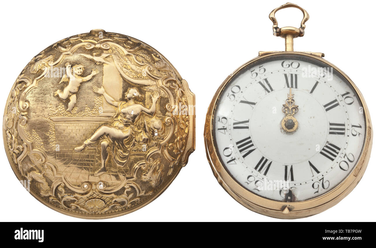 Une verge d'or montre de poche avec boîtier, Greham, Londres, 1e moitié du 18e siècle, l'or cas estampillé et chassés avec des chiffres et des ornements. Mouvement de la plaque complète signée à balustre mouvement en forme de piliers. Chain/escargot avec équilibre finement percé pont. Face émail avec chiffres romains et les minutes de l'arc. Avec de petits éclats d'émail sur le bouton-poussoir, le verre en vrac, une part manquante. Pas vérifié pour la fonctionnalité ou l'intégralité. Diamètre 5 cm, poids de la caisse 22 g, poids total 98 g., historique, historique Additional-Rights Clearance-Info-Not-Available- Banque D'Images