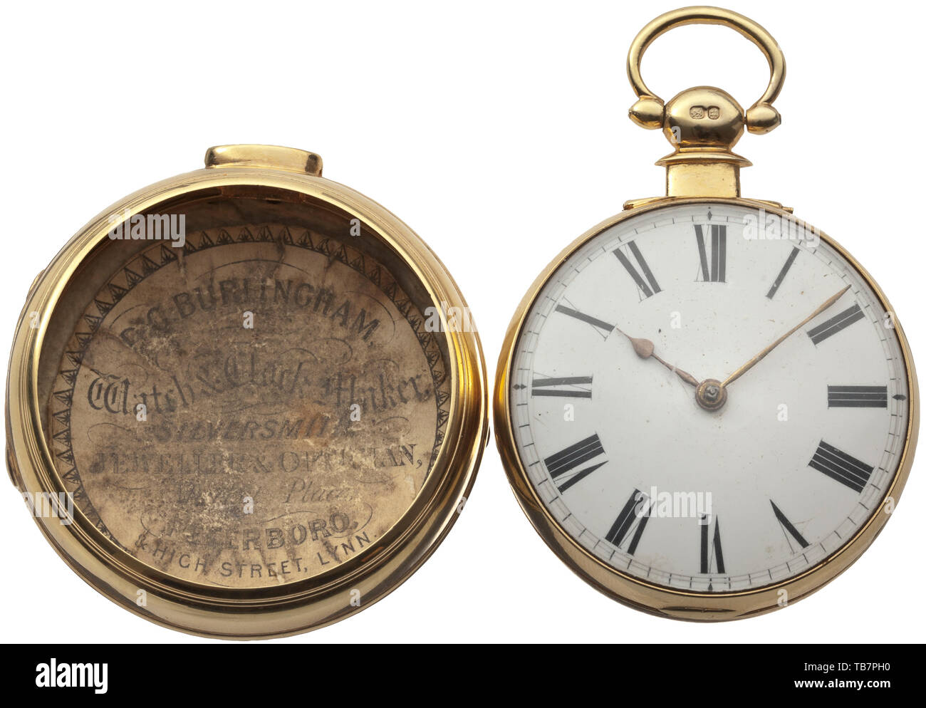Une verge d'or montre de poche avec boîtier, A. Stanton, Londres, vers 1800, Gold cas avec plusieurs timbres. Plaque signée avec mouvement mouvement rond piliers. Chain/escargot avec équilibre finement percé pont. Face émail avec chiffres romains. Réveil en ordre de fonctionnement. Diamètre 5,7 cm, poids du boîtier extérieur 53,5 g, poids total 173 g., historique historique du 19e siècle, Additional-Rights Clearance-Info-Not-Available- Banque D'Images