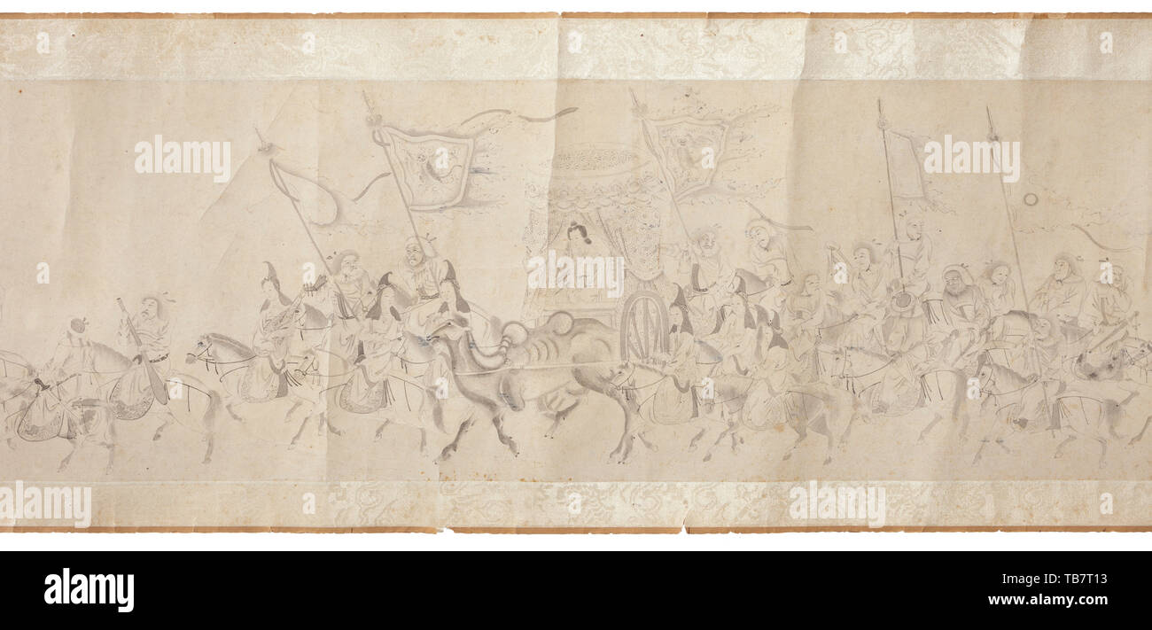 Une peinture chinoise de Wang Zhaojun's bridal procession, noir et blanc Encre sur papier, dessin en illustrant le style Baimiao procession nuptiale de la concubine Wang Zhaojun en-tête pour rencontrer son futur mari. Légèrement taché, papier et supports contrastés blanc lâche. Avec un texte par le peintre qu Junzai datant de 1908 qui attribue la peinture soit d'Li Gonglin (1049 - 1106), dynastie des Song du Nord, ou à Ding Yunpeng (1547 - 1628). Wang Zhaojun était une concubine de l'Empereur Yuandi Han (75 - 33 avant J.-C.) qui avait épousé sa politique pour Additional-Rights Clearance-Info, re--Not-Available Banque D'Images