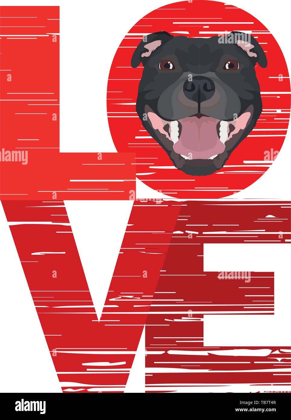 Amour Staffordshire Bull Terrier - Une tête de chien avec le mot amour. Le chien est le meilleur ami de l'homme et est apprécié comme animal de compagnie. Illustration de Vecteur