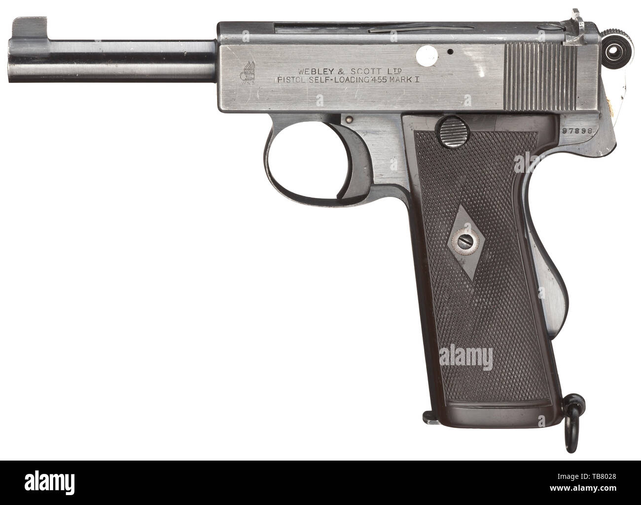 Un pistolet WEBLEY & SCOTT Self-Loading Mark I, Commercial, en Californie.455, no. 97898. Alésage lumineux. Sept coups. Brit. une preuve de passage. Fabriqués en septembre 1913. La sécurité prise en main. Faites glisser marquée "WEBLEY & SCOTT LTÉE / PISTOLET SEMI AUTO 455 MARK I'. Original, complet avec peu de bleuissage de stockage faible et marques d'usure. Poignée en caoutchouc dur noir panneaux. Magazine. Boucle de sangle. Acheté en privé l'arme d'officier en très bon pour que l'état neuf. Erwerbsscheinpflichtig. fonction de poing, poing, civile, poche, armes à feu, armes à feu, armes à feu, armes à feu, le bras des armes à feu, d'armes, d'armes, nous, Additional-Rights Clearance-Info-Not-Available- Banque D'Images