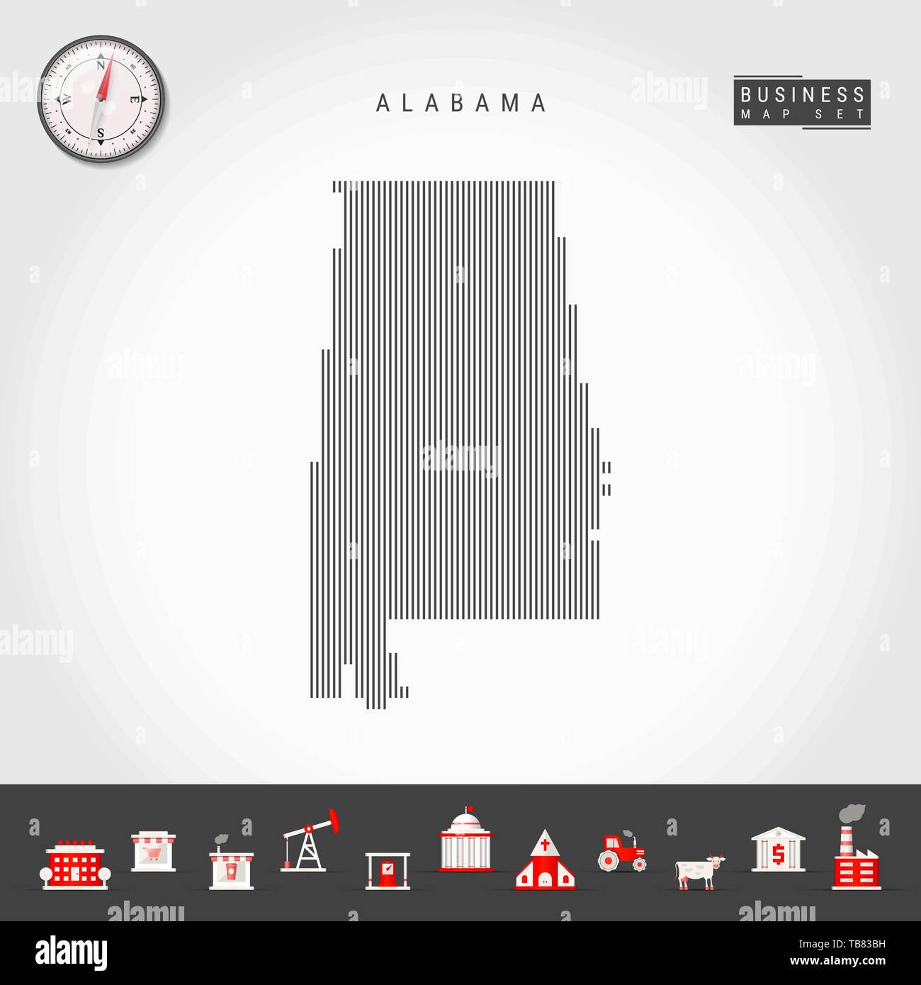 Lignes verticales Vector Pattern Map de l'Alabama. Simple à rayures Silhouette d'Alabama. Vecteur réaliste boussole. L'infographie d'icônes. Illustration de Vecteur