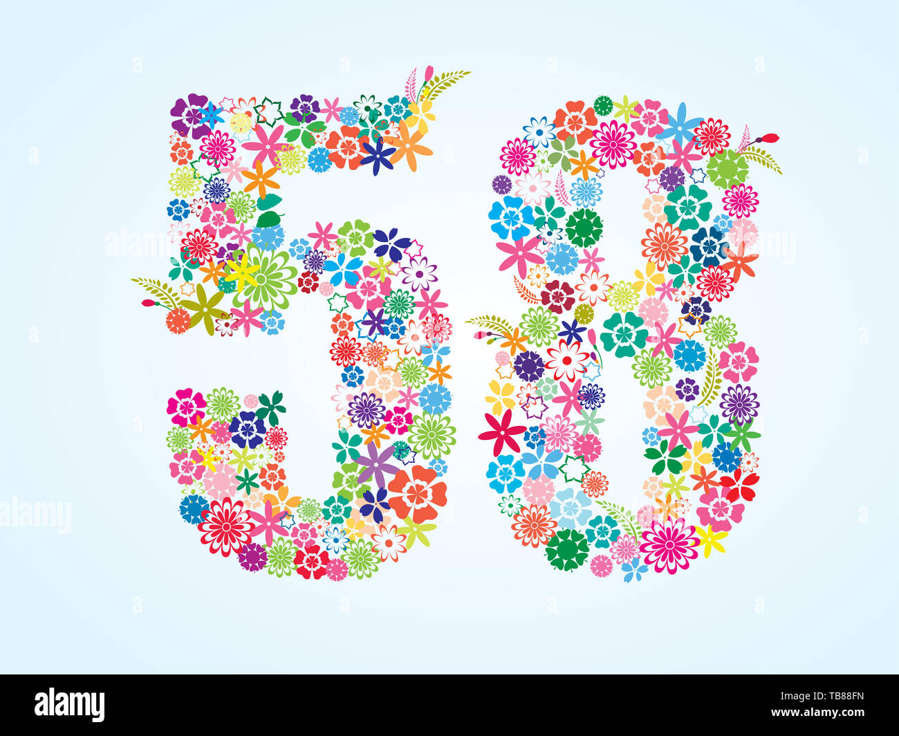 Vector floral coloré 58 Conception Numéro isolé sur fond blanc. Numéro de vecteur floral cinquante huit caractères. Banque D'Images