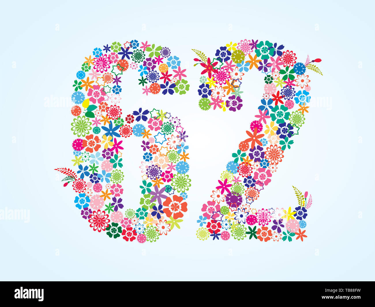 Vector floral coloré Design 62 nombre isolé sur fond blanc. Nombre Floral soixante deux caractères vectoriels. Banque D'Images