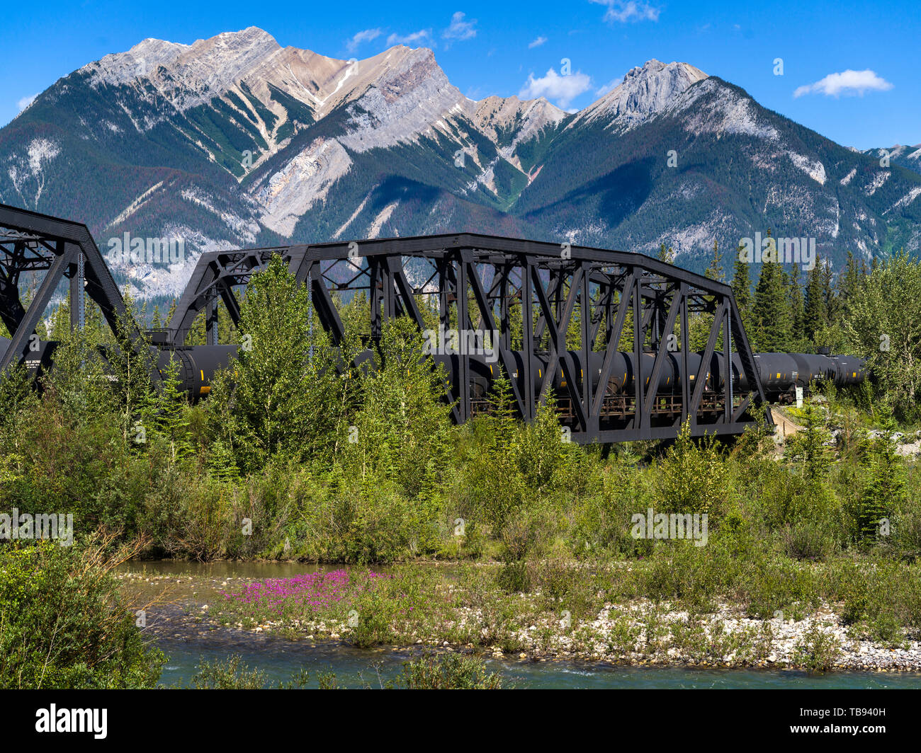 Pont de chemin de fer à travers la forêt, avec vue sur la montagne en arrière-plan, l'autoroute de Yellowhead, Parc National de Jasper, Jasper, Alberta, Canada Banque D'Images