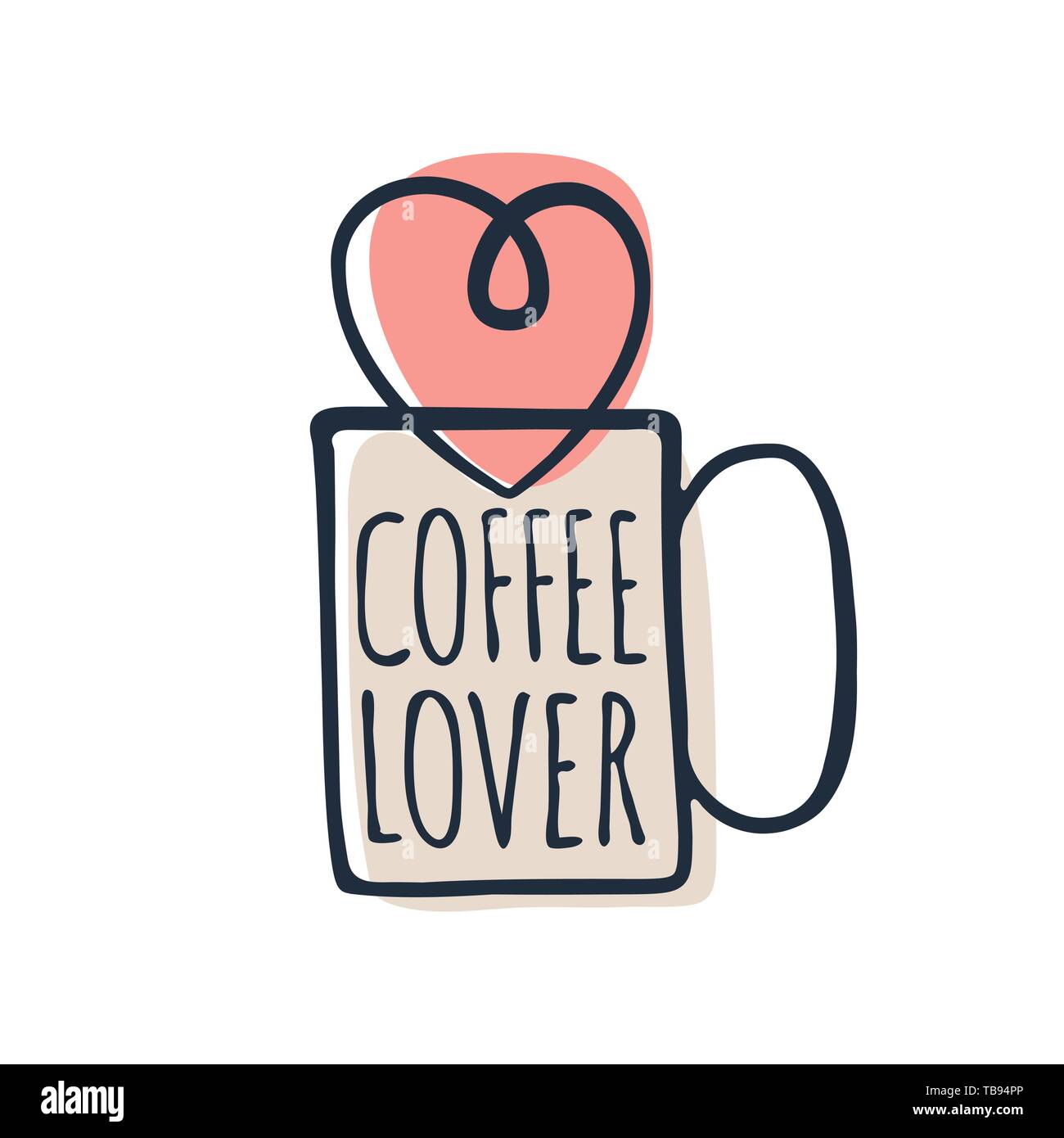 Amoureux de café mignon print design illustration avec cœur et tasse tasse à café, vecteur de lettrage sur fond blanc. Illustration de Vecteur