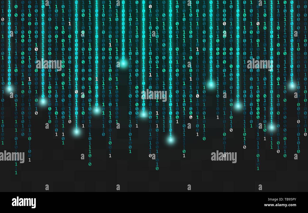 Contexte binaire. L'exécution de code lumineux avec les lumières. La baisse des chiffres sur fond sombre. Concept de hacker. Résumé des chiffres lumineux. Vector illustration. Illustration de Vecteur