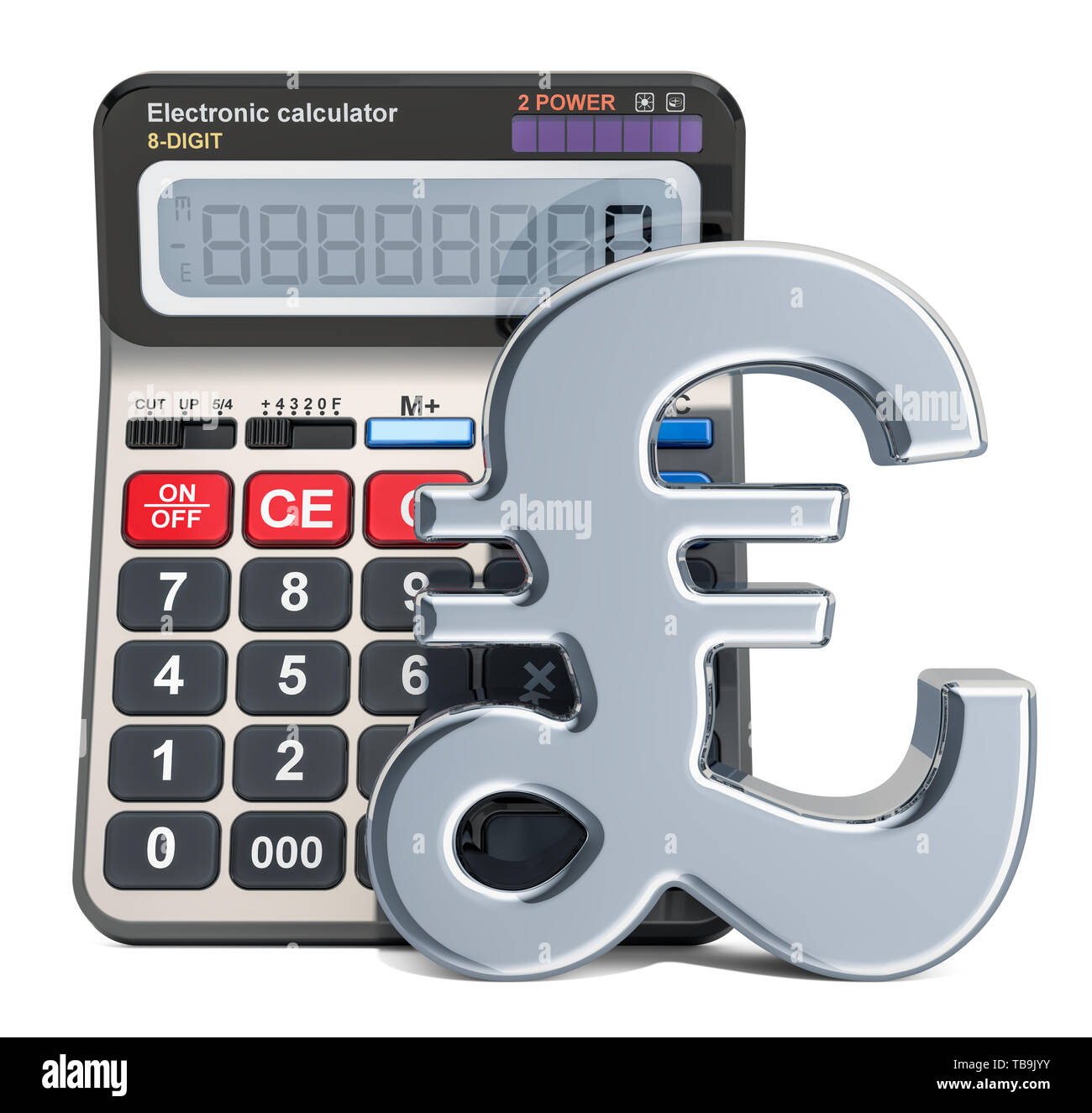 Calculatrice avec symbole de la livre sterling, rendu 3D isolé sur fond blanc Banque D'Images